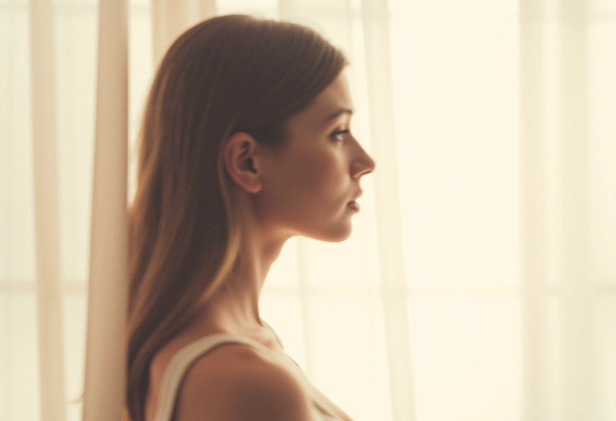 an aesthetic, minimalist depiction of a female profile in side view. The focus is on the soft contours and calm, monochromatic tones. The scene feels mystical and dreamy, almost as if viewed through a delicate mist, with gentle light accentuating the silhouette. The background is diffuse and creamy white, drawing attention to the elegant simplicity of the figure.