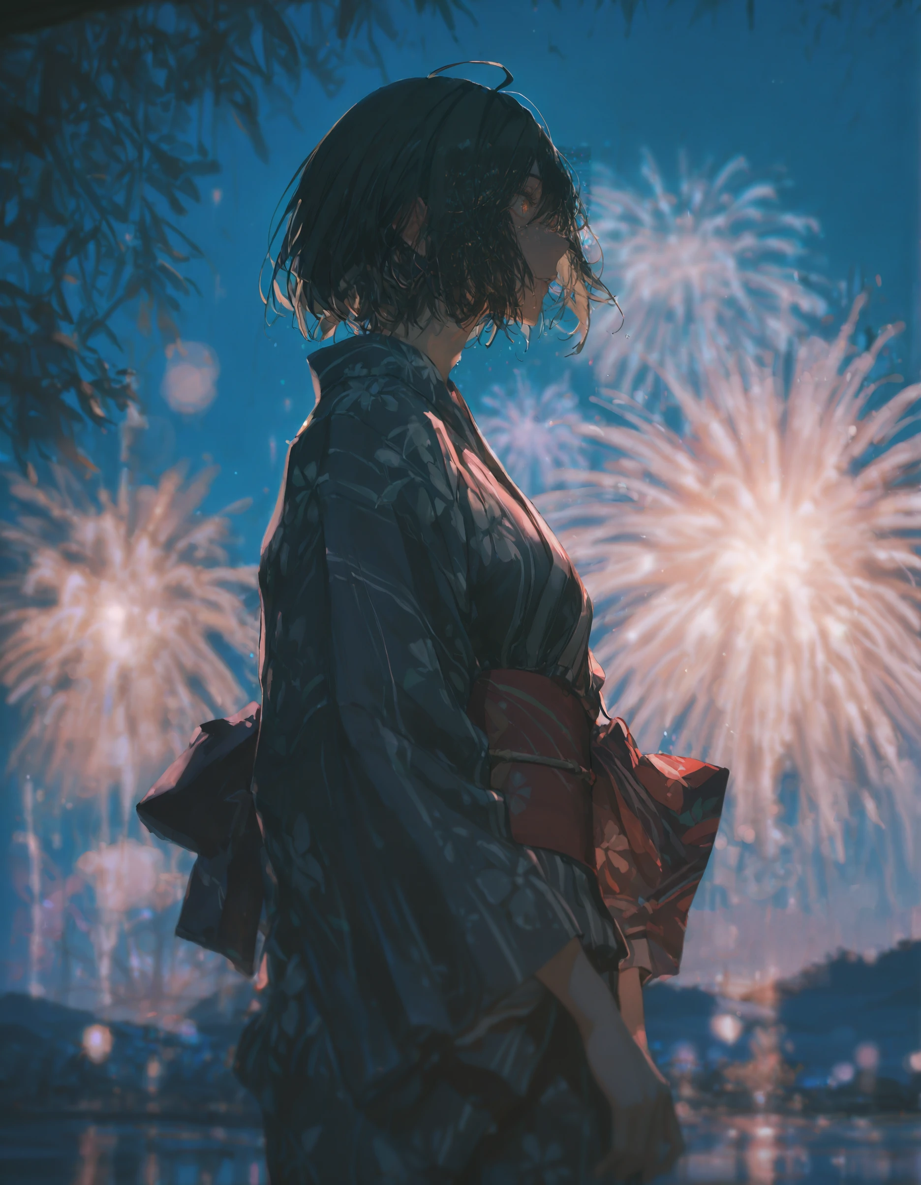 masterpiece, best quality, absurdres, <lora:69yottea_illu_v2:1>,69yottea_style_illu,KonYa666_illu, 1girl, fireworks, kimono, japanese clothes, solo, yukata, blurry, short hair, night, floral print, sash, outdoors, ahoge, obi, print kimono, <lora:KonYa666_illu:0.7>