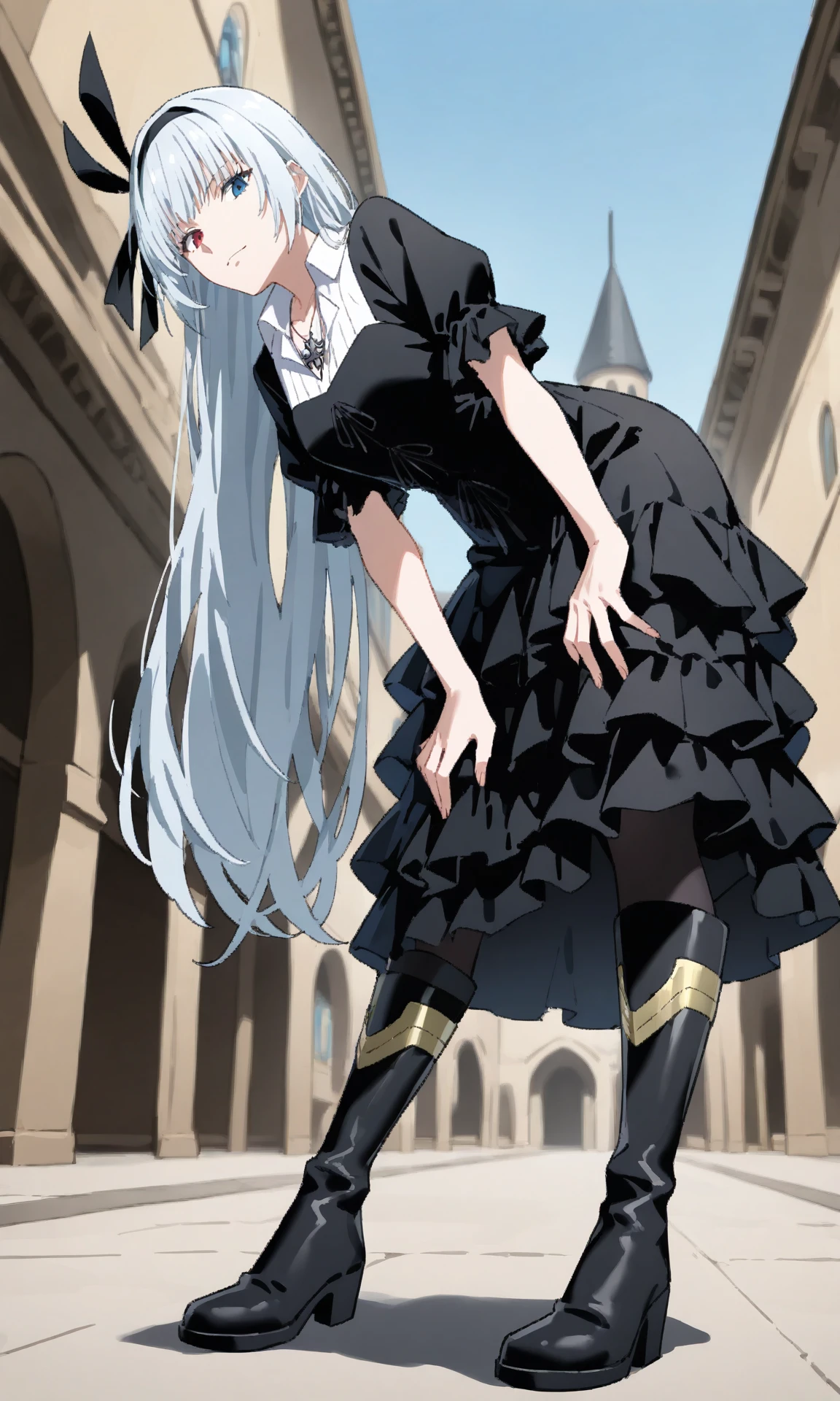 (masterpiece, best quality, very awa:1.2), newest, recent, year 2023, year 2024, highres,absurdres, 

1girl, luminous valentine, black dress, black hairband, collared dress, very long hair, frilled dress, puffy short sleeves, layered dress, necklace, leaning forward, black pantyhose, from below, looking at viewer, knee boots, standing, hand on own leg, mature female, street, medieval, full body