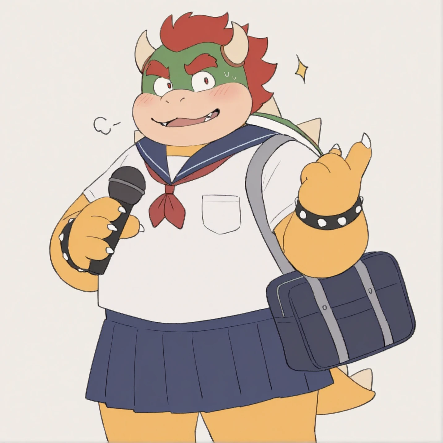 fat,plump,cute,blush,looking at viewer, Pix0w, masterpiece, best quality, amazing quality, bowser, solo, looking_at_viewer, open_mouth, simple_background, skirt, white_background, 1boy, holding, standing, school_uniform, full_body, male_focus, red_hair, pleated_skirt, horns, one_eye_closed, serafuku, bag, bracelet, blue_skirt, pointing, microphone, claws, school_bag, holding_microphone, pointing_at_viewer