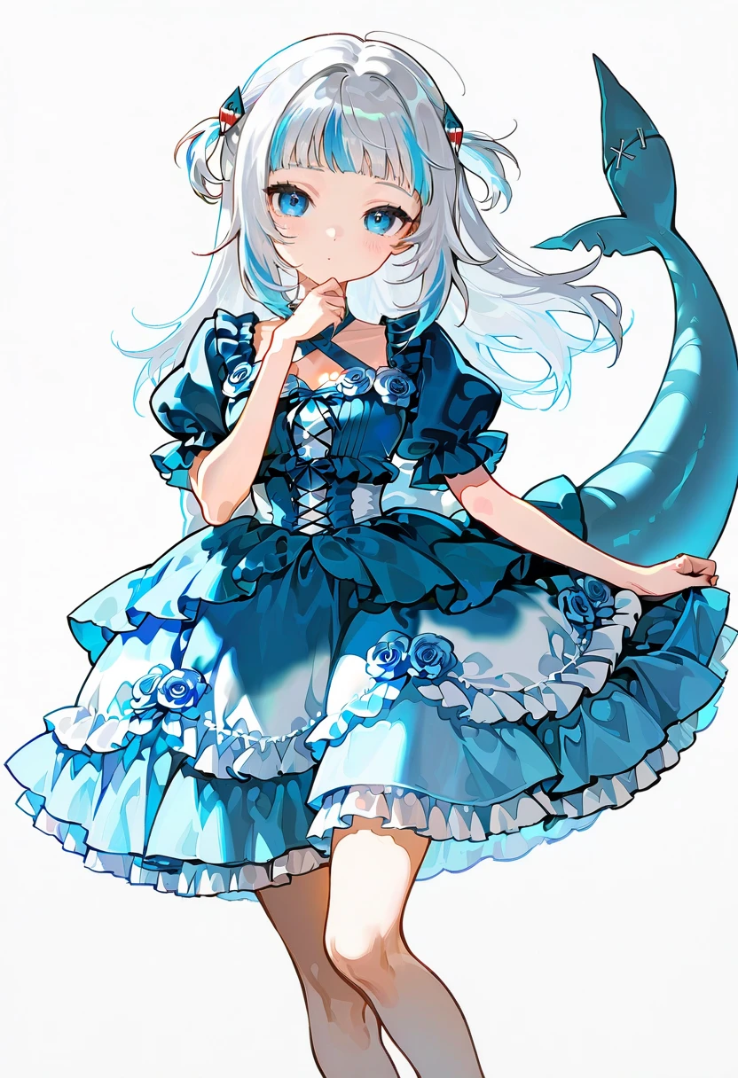 1girl,solo,looking at viewer,ikeda ruriko,sweet rose dress,short sleeves, frills, puffy sleeves, blue dress, gawr_gura