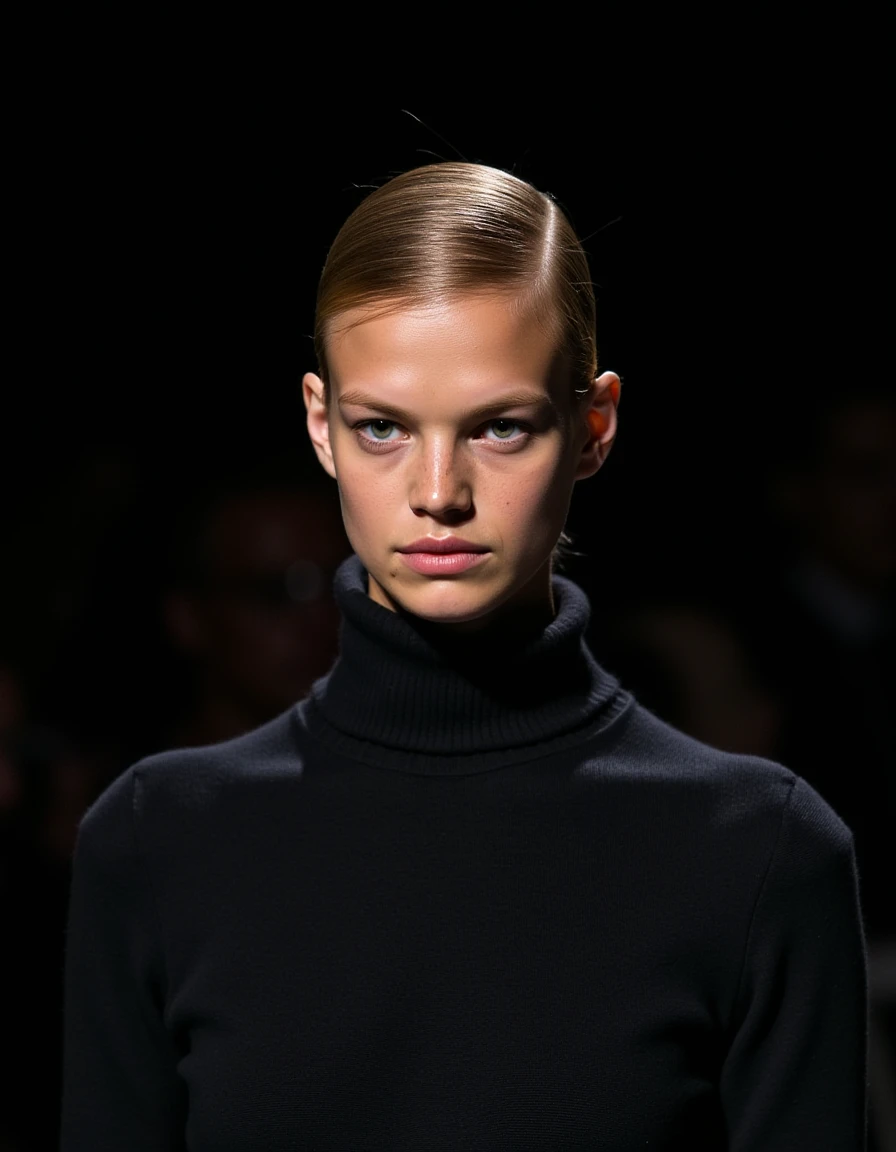 Dramatic photo of a fashion model wearing a turtle neck sweater, looking intensely at the camera, dark blurry background, single spotlight shining on her face, strong shadows accentuating her features, realistic, detailed. <lora:nadine_leopoid_dev_f1_k:1>
