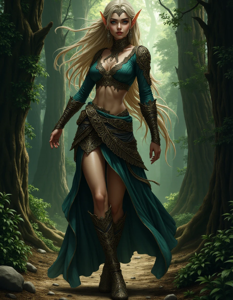 DarkDisciple, a detailed, highly intricate digital artwork of a fantastical character, rendered in a medieval or fantasy style. The subject is a beautiful elven figure with long thin pointed ears, long silken hair and a maternal face. The character's face is smooth and fair indicating youth and beauty. Her piercing, intense eyes are focused directly at the viewer. Her body is tall muscular, and curvy. She is wearing a thin dress adorned in intricate swirling patterns. She is walking in a fantasy forest. dynamic composition, full body portrait