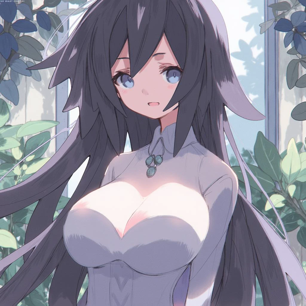 Urcarta \(Artist\), @urct, 裏方 \(芸術家\), 1 woman with large breasts, cinematic close up shot, black hair and blue eyes, she is standing outside in a botanical garden, day time, smile,