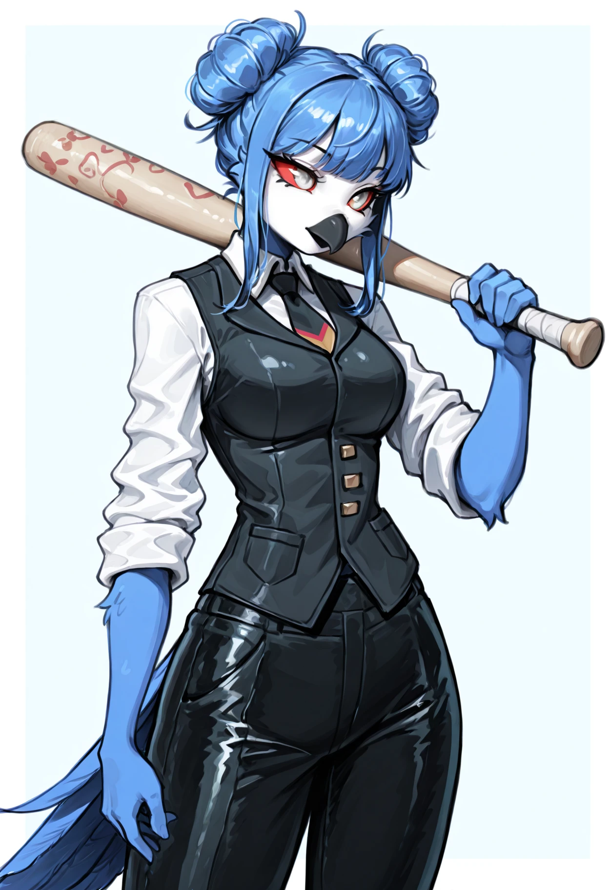 (beautiful, masterpiece, detailed), 1girl, solo, k1sh1r0, female anthro bird, furry bird, furry owl, avian, medium breasts, blue feathers, blue hair, hair buns, double buns, bangs, black beak, white face, red sclera, white eyes, white shirt, black vest, rolled up sleeves, necktie, black trousers, bird tail, holding baseball bat