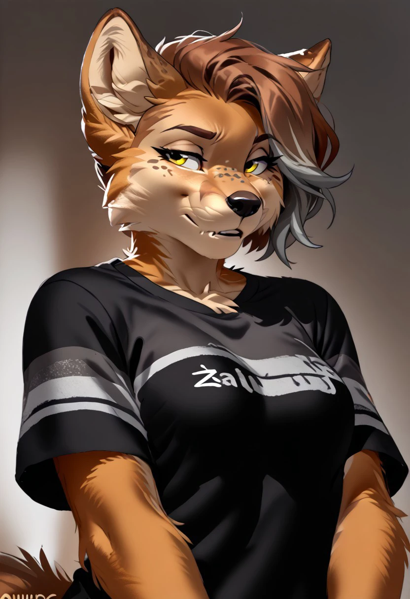 score_9, score_8_up, score_7_up, (by kittydee:1.5), (by jailbird:1.5), (by zummeng:1.5), masterpiece, best quality, (solo),
(Furry Art : Anthro : tibetan fox: 1.5), 1girl, expressive eyes, feminine eyes, perfect face, feminine face, (hazel brown hair with grey highlights:1.5), (pixie cut:1.5), feminine body, medium breasts, tibetan fox, canine, grayish brown fur, long snout, unimpressed eyes, (black t-shirt:1.5), (yellow eyes),