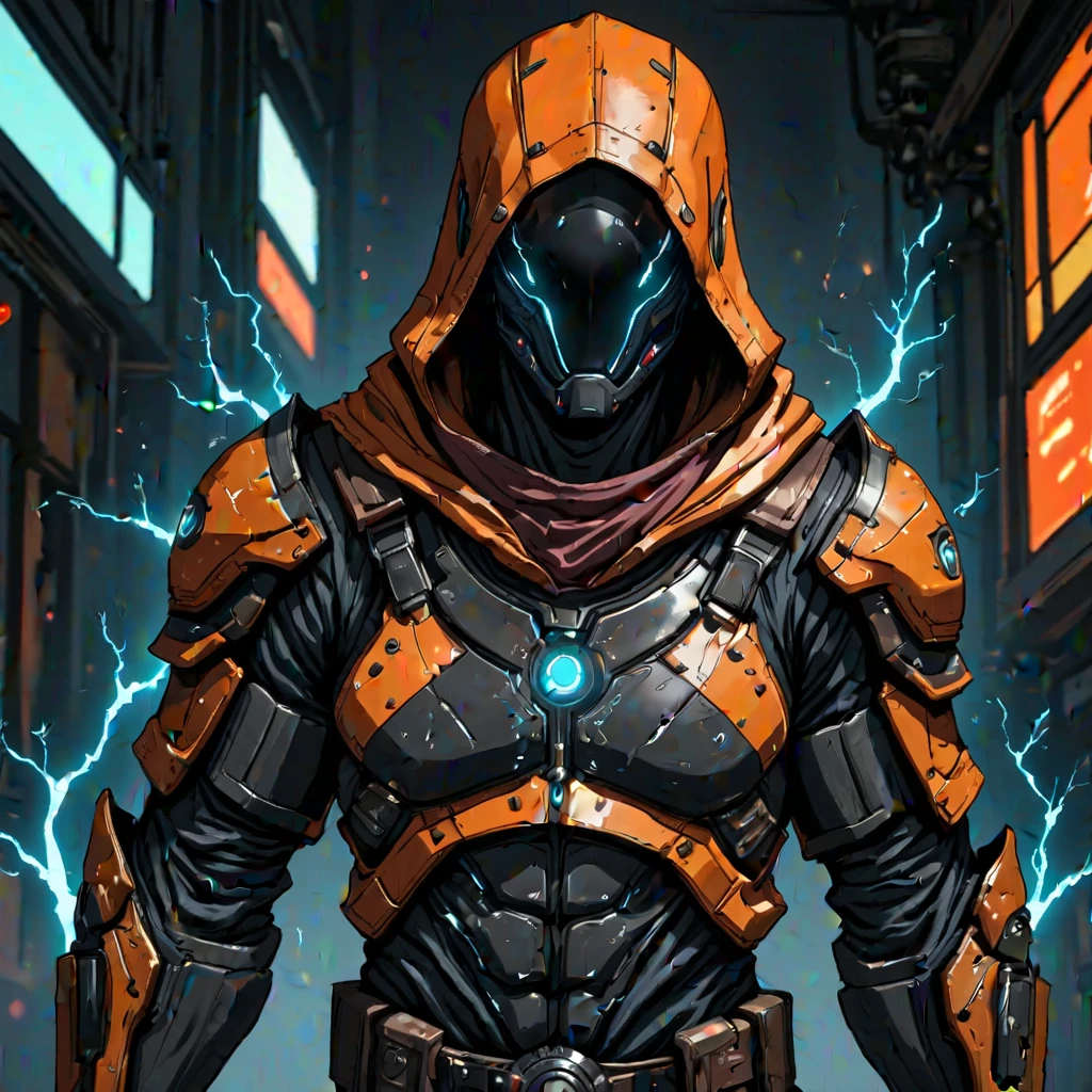 oren-bot-mmxxiv, a digital illustration in a stylized futuristic cyberpunk art style. The subject is a humanoid figure likely a soldier or mercenary dressed in high-tech orange and black armor with glowing blue accents. The armor features a hooded cloak that drapes over the figure's head with the hood pulled up obscuring the face except for the glowing blue visor that covers the eyes giving a robotic or cybernetic appearance. The visor's glow casts a bright ethereal light on the armor highlighting the intricate details and textures.