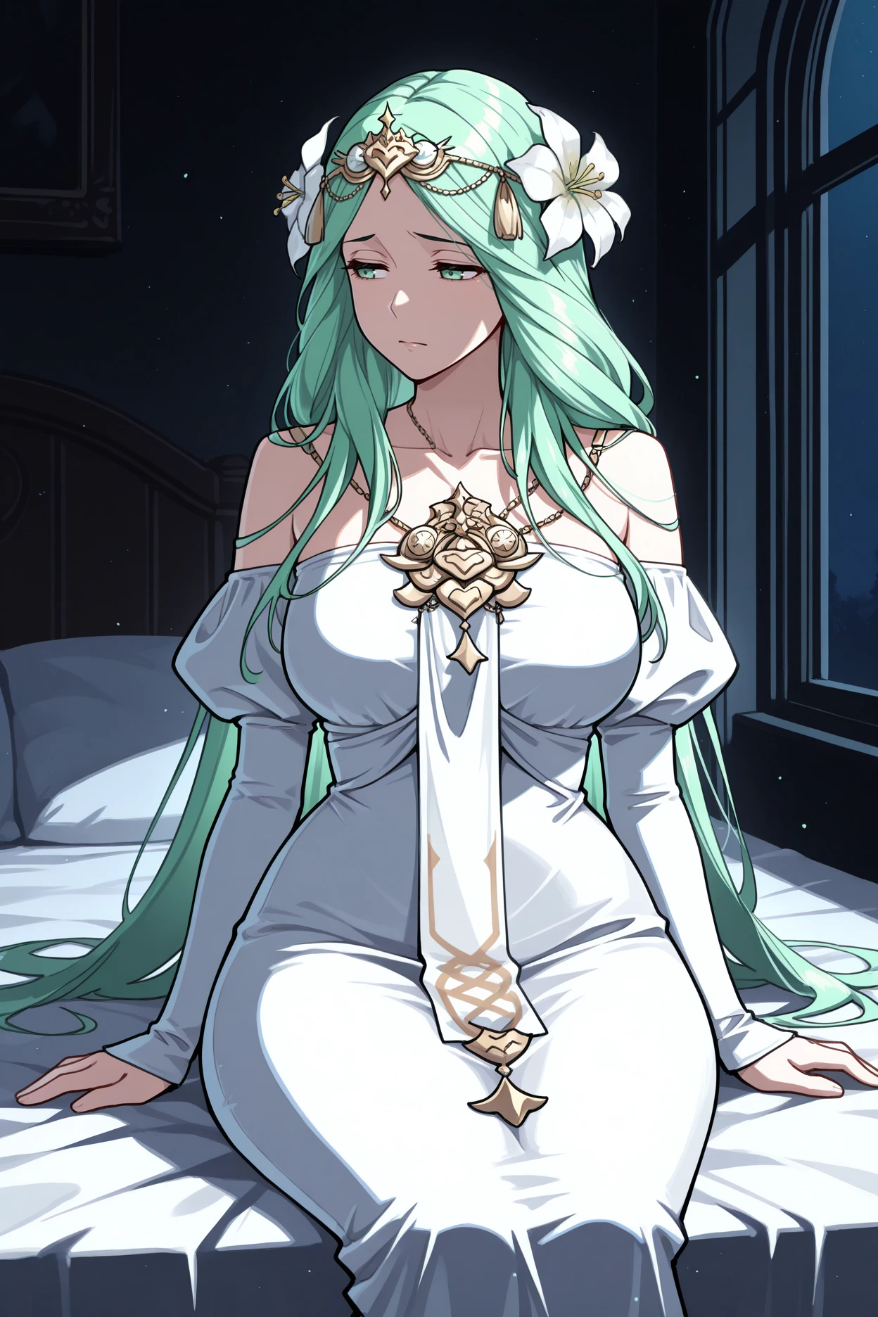 masterpiece, best quality, 1girl, solo, <lora:ferhea-illu-nvwls-v1-000005:1> altrh3a, green hair, long hair, green eyes, hair flower, tiara, pendant, white dress, off-shoulder dress, strapless, long dress, long sleeves, puffy sleeves, wide hips, sitting, bed, looking to the side, sad, half-closed eyes, pensive, night, dark room