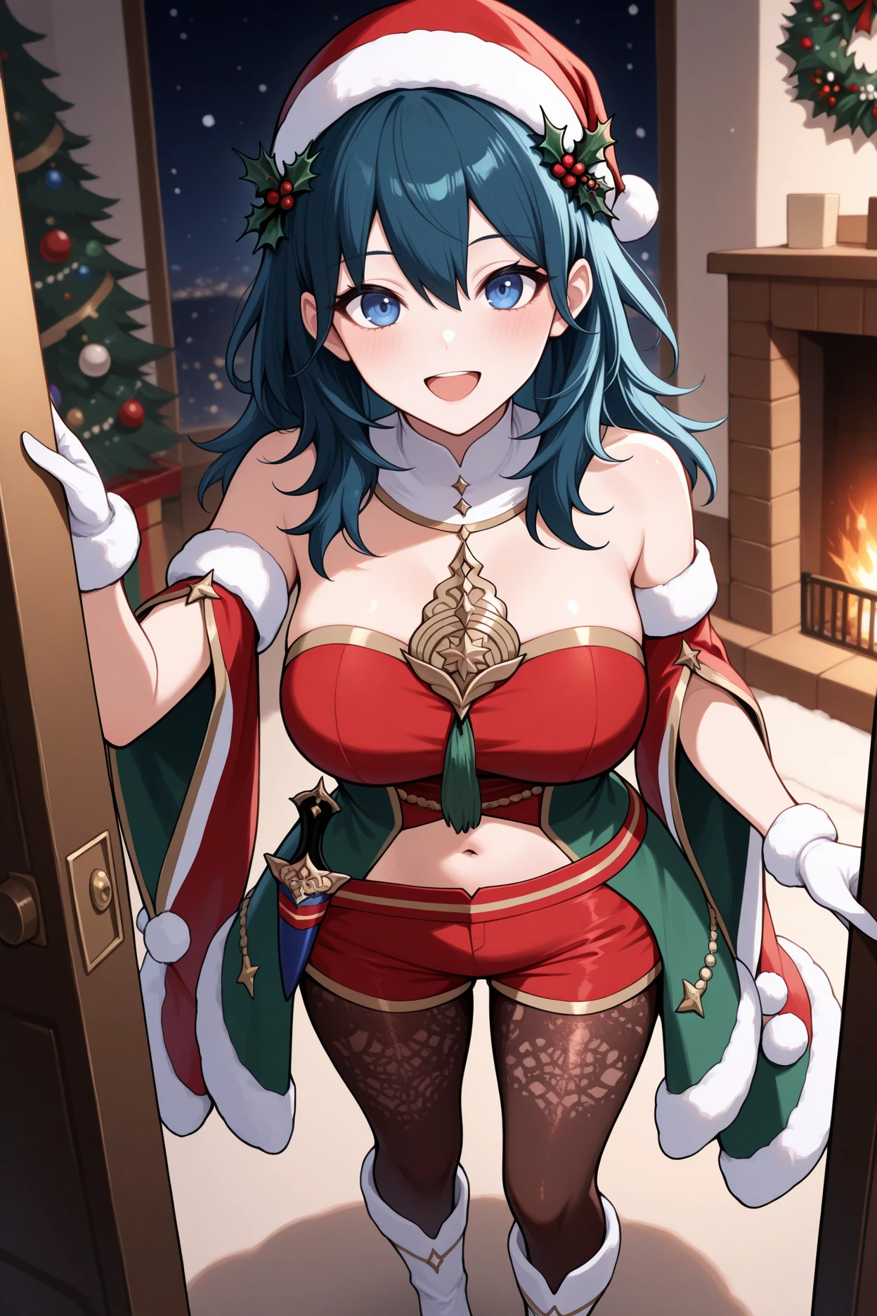 masterpiece, best quality, 1girl, solo, <lora:febyleth-illu-nvwls-v1-000006:1> xmasblth, dark blue hair, blue eyes, long hair, hair between eyes, santa hat, holly hair ornament, fur trim, detached collar, santa costume, bare shoulders, red crop top, red tube top, red and green dress, detached sleeves, red sleeves, navel, midriff, pendant, sheathed dagger, red shorts, short shorts, white gloves, patterned pantyhose, white boots, happy, looking at viewer, doorway, mistletoe above head, open mouth, blush, living room, fireplace