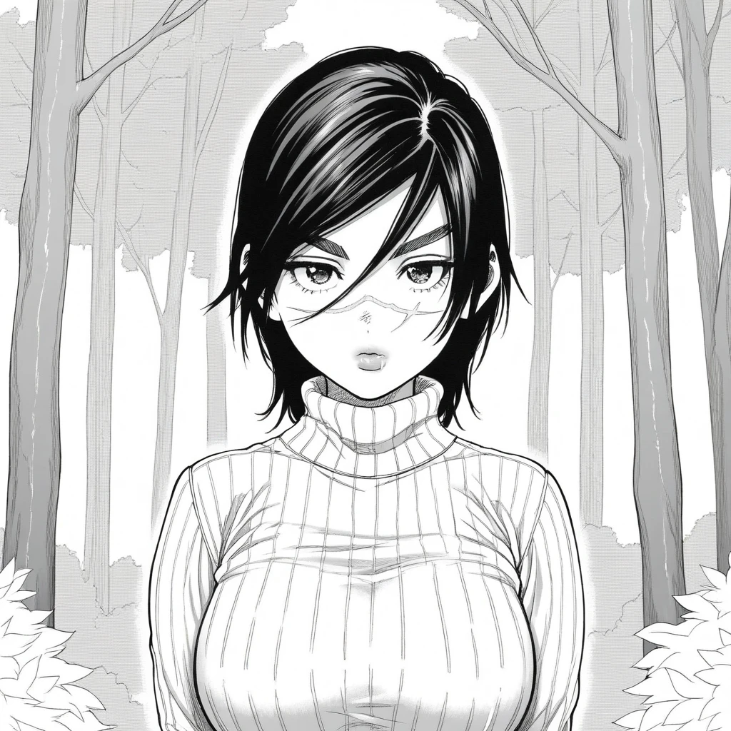 masterpiece, best quality, SaichiSugimoto, 1girl, solo, black hair, short hair, turtleneck sweater, upper body, monochrome, greyscale,    <lora:female_SaichiSugimoto_illustrious_Leaf1:1>, forest,