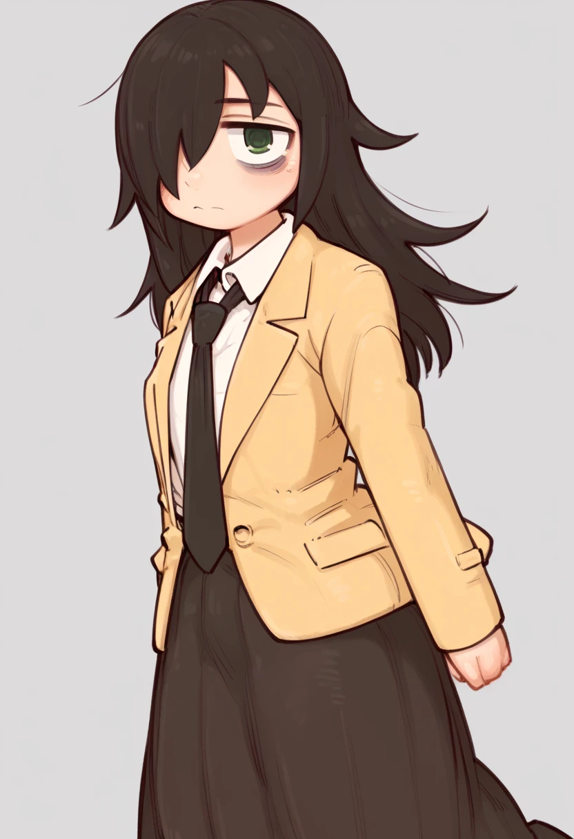 score_9, score_8_up, score_7_up, highres, 2024, BREAK, hi res, source_anime, best quality, masterpiece, 2d, intricate details, official style, anime, 4k, anime style,
1girl, solo, female, long hair, black hair, green eyes,yellow eyes, hair over one eye, black pupils, messy hair, bags under eyes, kuroki tomoko,
excited, wavy mouth, open mouth, blush, nose blush,
black necktie, yellow skirt, yellow jacket, necktie, skirt, jacket, closed jacket, school uniform, pantyhose, black pantyhose, blazer, long skirt, small breasts, flat chested, 
nail polish, fingernails, white nails, hands on breast, wavy mouth, 
cowboy shot, foreshortening, looking at viewer, outdoors, forest, blurry, blurry background, blurry foreground, <lora:add_details_xl:0.4>, <lora:KurokiTomoko1024_Pony:1>