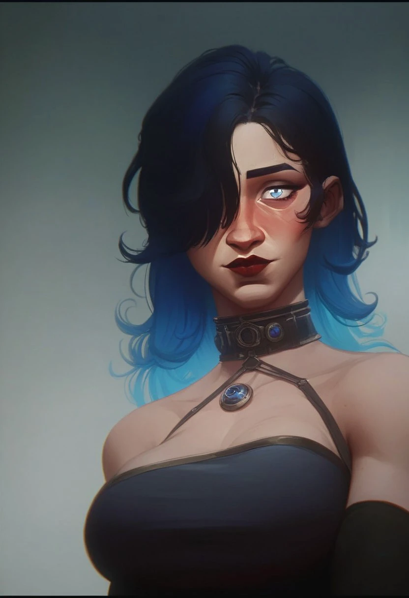 score_9, score_8_up, score_7_up, score_6_up,
4rc4n3s2styl3, arcanes2style, arcane s2 style,
rating_safe,
1girl, solo, long hair, breasts, looking at viewer, blush, smile, bangs, blue eyes,
large breasts, black hair, closed dress, gloves, dress, bare shoulders, closed mouth,
blue hair, upper body, multicolored hair, elbow gloves, hair over one eye, collar, lips,
gradient hair, red lips,