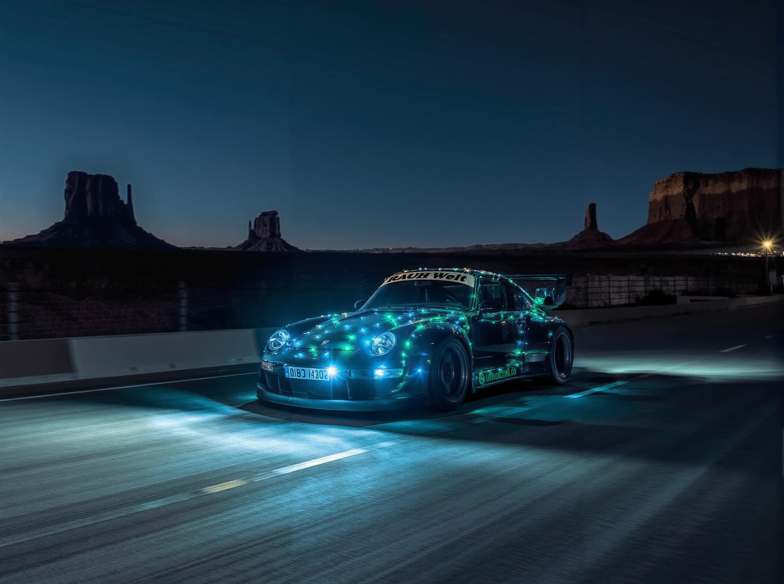 a rauh welt porsche christmas car, with christmas lights decorations, driving fast in monument valley at night, with <lora:Christmas_car:1>  <lora:Rauh-Welt_FLUX:1>