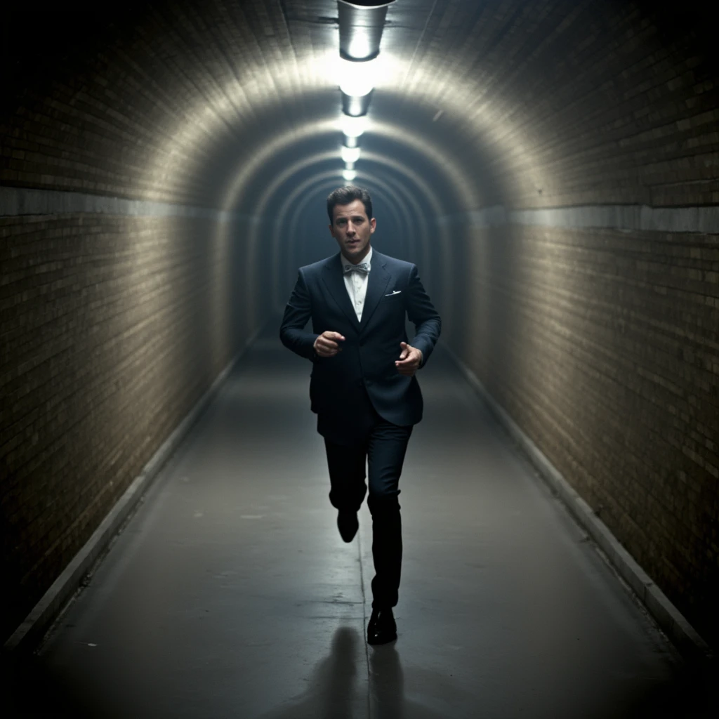 cinematic film still of  <lora:007 film style v1:0.9>
a man in a suit is running through a tunnel, solo, shirt, long sleeves, 1boy, jacket, white shirt, male focus, collared shirt, pants, black jacket, black pants, formal, suit, realistic, dramatic light, dramatic shadow light, contrast, cinematic color, cinematic look, filmic, realistic, realism, perfection, perfect, Kodak, Kodak film, movie still, spy film, action themed, espionage, James Bond style, James Bond film style, 007 style, 007 film style, black hair, bow, bowtie, traditional media, shallow depth of field, vignette, highly detailed, high budget, bokeh, cinemascope, moody, epic, gorgeous, film grain, grainy