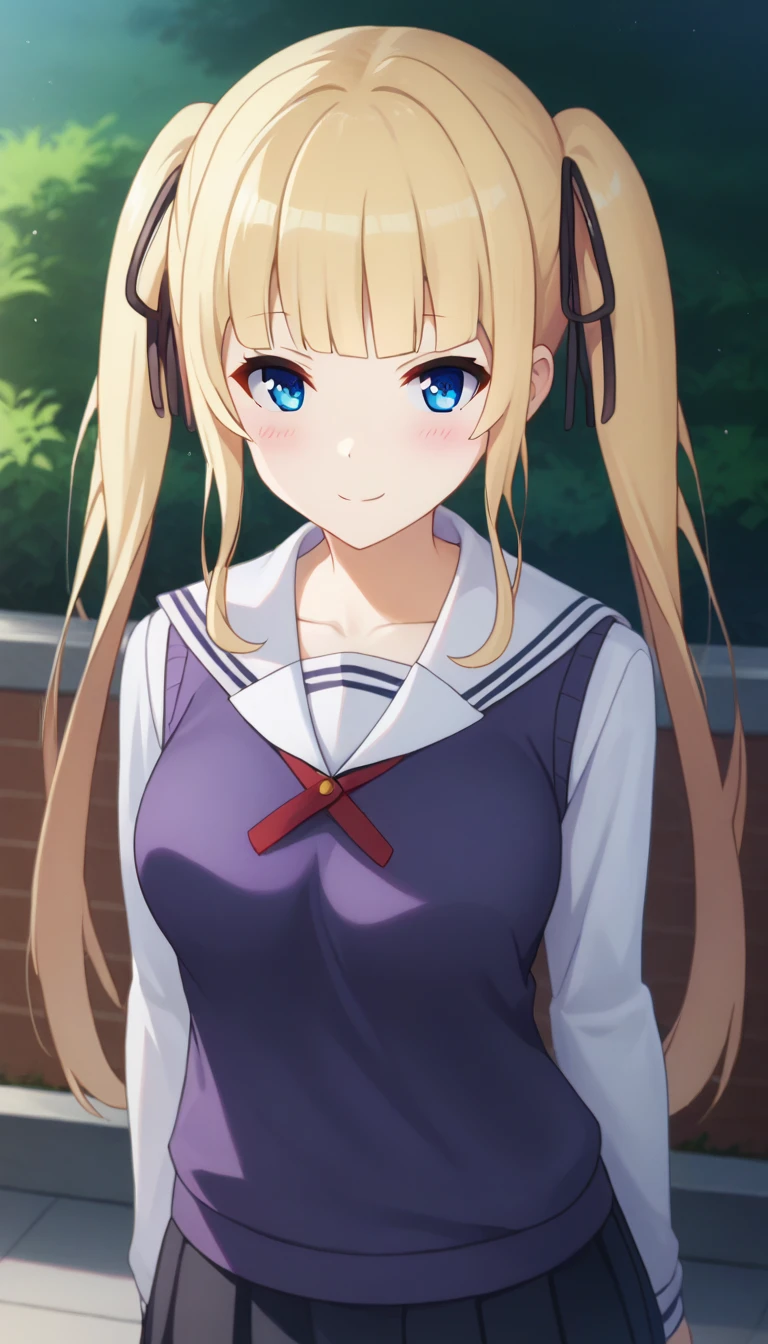 score_9,score_8_up,masterpiece,best quality,correct anatomy,anime_source,1girl,solo,perfect eyes,perfect arms,perfect legs,perfect face,outdoors,upper body,(portrait:1.5),looking at viewer,facing viewer,smile,blush,Sawamura Supensa Eriri,long hair,blonde hair,twintails,hair ribbon,black ribbon,sidelocks,blunt bangs,blue eyes,collarbone,school uniform,sweater vest,purple vest,red ribbon,neck ribbon,white sailor collar,white shirt,long sleeves,medium breasts,miniskirt,black skirt,pleated skirt,zettai ryouiki,black thighhighs,loafers,black footwear,<lora:Sawamura Supensa Eriri(shns)-Pony:1.8>,