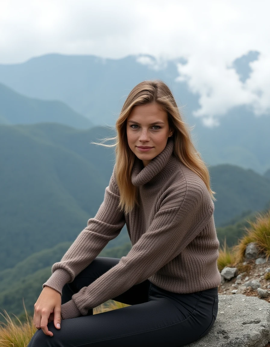 Photo of a woman wearing a turtle neck sweater, sitting on a mountain peak, looking at the camera with a sense of accomplishment, breathtaking landscape behind her, misty atmosphere, realistic, detailed. <lora:nadine_leopoid_dev_f1_k:1>