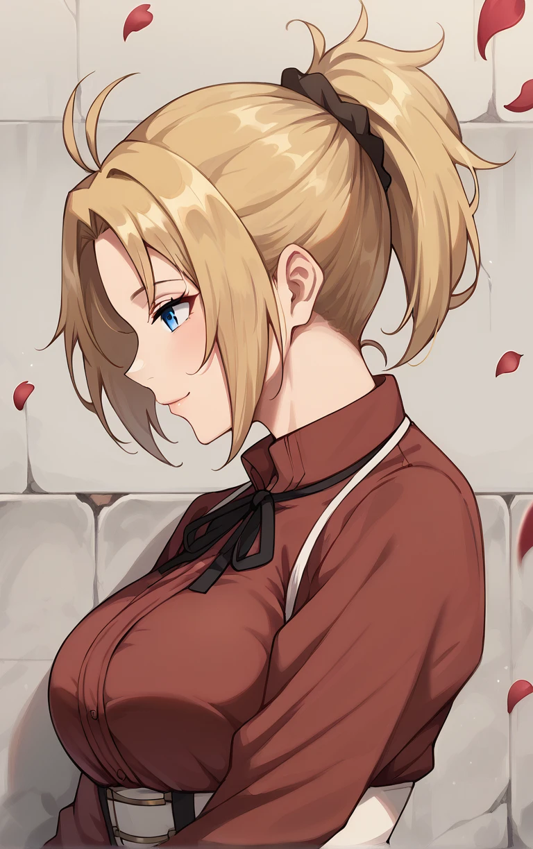 score_9, score_8_up, score_7_up, BREAK
MainOutfit_ZenithGreyrat_ownwaifu, 
1girl, blonde hair, blue eyes, hair pulled back, medium hair, parted bangs, short ponytail, sidelocks, ponytail, large breasts, collarbone, hair scrunchie, antenna hair, high ponytail, 
belt, black ribbon, neck ribbon, red shirt, suspender skirt, turtleneck, underbust, white corset, long sleeves, shirt, skirt, suspenders, collared shirt, grey skirt, pleated skirt, black necktie, long skirt, 
(profile, portrait, round image), falling petals, red petals, wall,  <lora:PONYXL_MushokuTensei_ZenithGreyrat_ownwaifu:0.85>, solo,