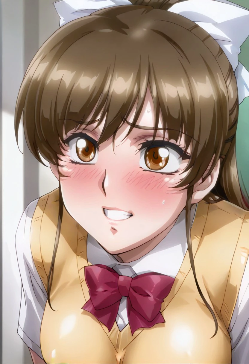 masterpiece, best quality, absurdres, highres, detailed background, <lora:hyperSD8:1>, (uru5h1h4r4), face focus,
SH1ZUK4SUN0H4R4, 1girl, brown hair, ponytail, white bow, hair bow, brown eyes, sunohara shizuka, medium breasts, perky breasts, School uniform, white dress shirt, (yellow vest), sweater vest, (brown eyes, detailed eyes), embarrassed, blush, blushing, (full-face blush), shy, grin, happy, close-up