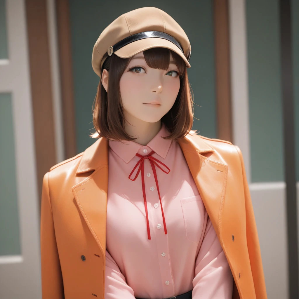 masterpiece, best quality,  <lora:Kanazawa Illust:1>  kanahanazawa, brown cabbie hat, orange jacket, jacket on shoulders, pink shirt, long sleeves, upper body, medium hair, ribbon