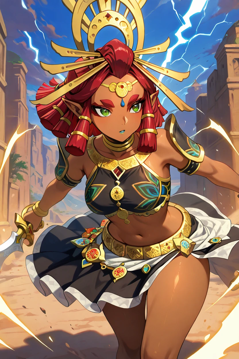 masterpiece, best quality, solo, curvy, beautiful eyes,   zzRiju, green eyes, red hair, pointy ears, dark skin, hair tubes, midriff, crop top, headpiece, black skirt, leaping forward with a glowing sword in hand, surrounded by crackling lightning bolts, dynamic foreshortened perspective emphasizing her reach and power, stormy skies in the background, wind whipping her hair and outfit dramatically, intense and electrifying action scene  ,    ,<lora:RijuTotK_IXL_v3:1.0>,