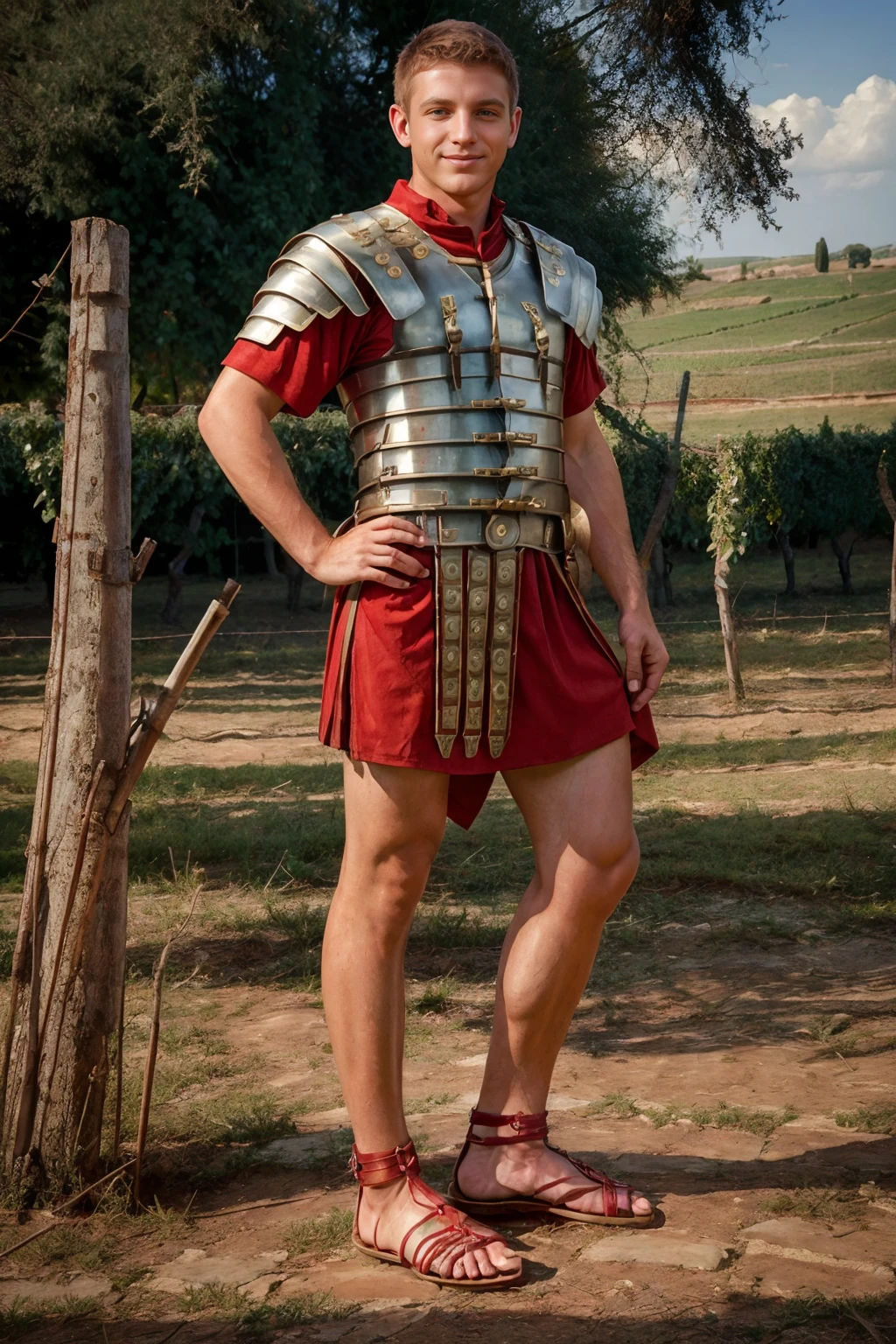 fantrome, vineyard of a Roman villa, slight smile, JamesRyder is wearing loriseg armor, (red tunic), (red shirt), (sandals), slight smile, (((full body portrait))), (full body), wide angle, <lora:loriseg:0.7> <lora:fantrome_v3:0.2>  <lora:JamesRyder:0.8>