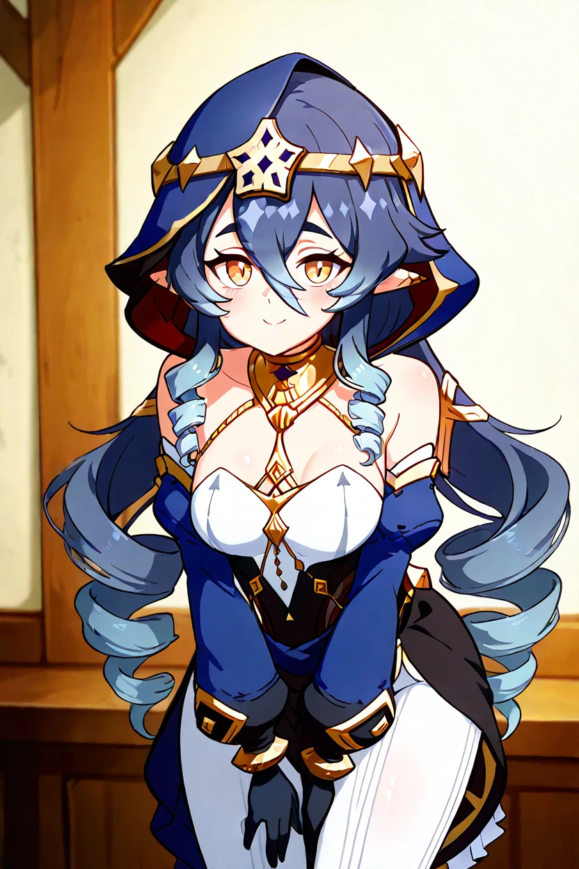 masterpiece, best quality, solo, curvy, beautiful eyes,,<lora:LaylaGenshinIXL_v2:1.0>, zzLayla, yellow eyes, hair between eyes, blue hair, drill hair, long hair, pointy ears, bare shoulders, drill locks, hood, detached sleeves, long sleeves, hood up, jewelry, blue hood, white pantyhose, , cowboy shot, leaning forward, smile, looking at viewer, shiny skin,<lora:DiivesIXL:1.0>,