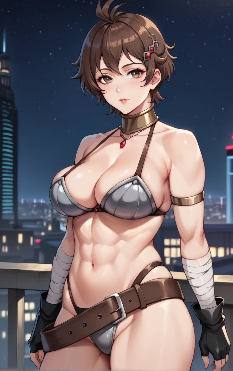 score_9, score_8_up, score_7_up, BREAK 
MainOutfit_Vierra_ownwaifu, 
1girl, brown eyes, brown hair, short hair, large breasts, antenna hair, bangs, toned, lips, thighs, 
bikini armor, gem, hair ornament, hairclip, neck ring, cleavage, bare shoulders, navel, fingerless gloves, swimsuit, black gloves, belt, jewelry, armlet, choker, bandages, collarbone, bandaged arm, sheath, brown belt, necklace, gloves, midriff, obliques, buckle, highleg, armband, belt buckle, highleg bikini, metal collar
 (standing, arm_support), railing, cityscape, night, city, city lights, scenery, starry sky, vanishing point, outdoors, <lora:PONYXL_MushokuTensei_Vierra_ownwaifu:0.8> , depth of field, solo,