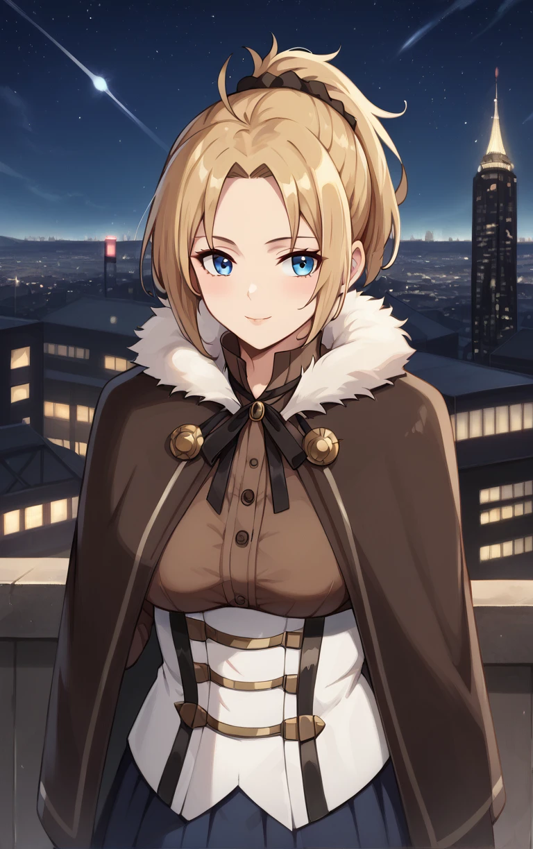 score_9, score_8_up, score_7_up, BREAK
Capelet_ZenithGreyrat_ownwaifu, 
1girl, blonde hair, blue eyes, hair pulled back, medium hair, parted bangs, short ponytail, sidelocks, ponytail, short hair, bangs, breasts, scrunchie, large breasts,
brown capelet, brown shirt, capelet, fur collar, fur trim, neck ribbon,  underbust, white corset, long sleeves, shirt, brown cape, ribbon, skirt, cape, fur-trimmed capelet, brown coat,
(standing, arm_support), railing, cityscape, night, city, city lights, scenery, starry sky, vanishing point, outdoors, <lora:PONYXL_MushokuTensei_ZenithGreyrat_ownwaifu:0.8> , depth of field, solo,