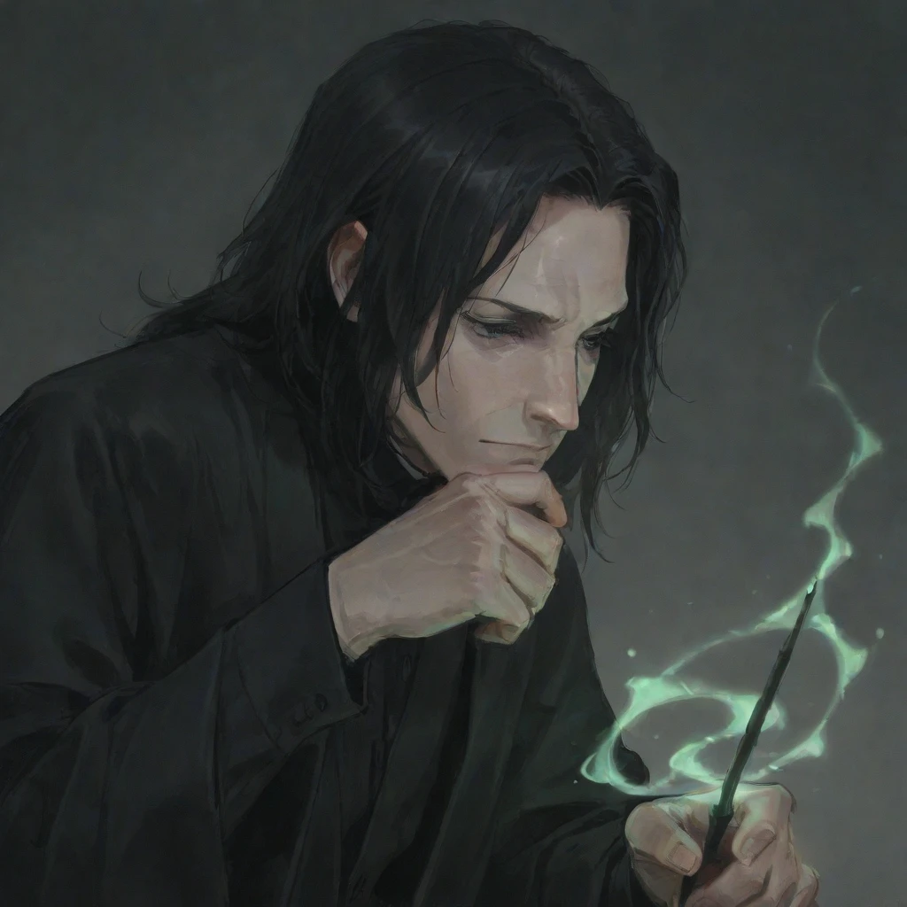 severus_snape, black hair, hooked nose, holding wand, green magic, black robes, wrinkles, 2d, hand to face, atmospheric , solo, dynamic pose