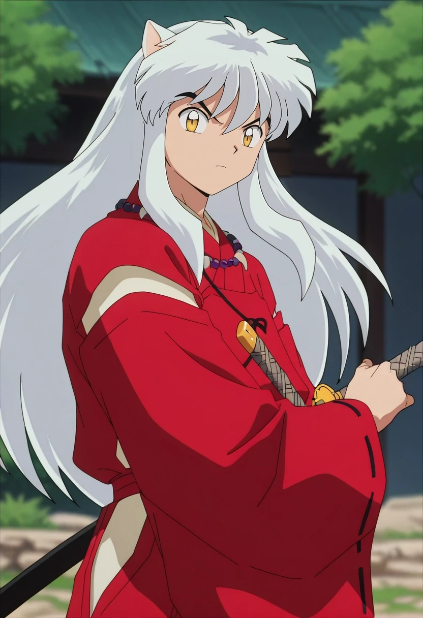 masterpiece, best quality, , anime screencap, , , looking at viewer, depth of field, 1boy, solo, male focus, <lora:inuyasha_ilxl:1>, inuyasha, white hair, yellow eyes, animal ears, dog ears, long hair, , weapon, sword, katana, sheath, , , , swashbuckler costume