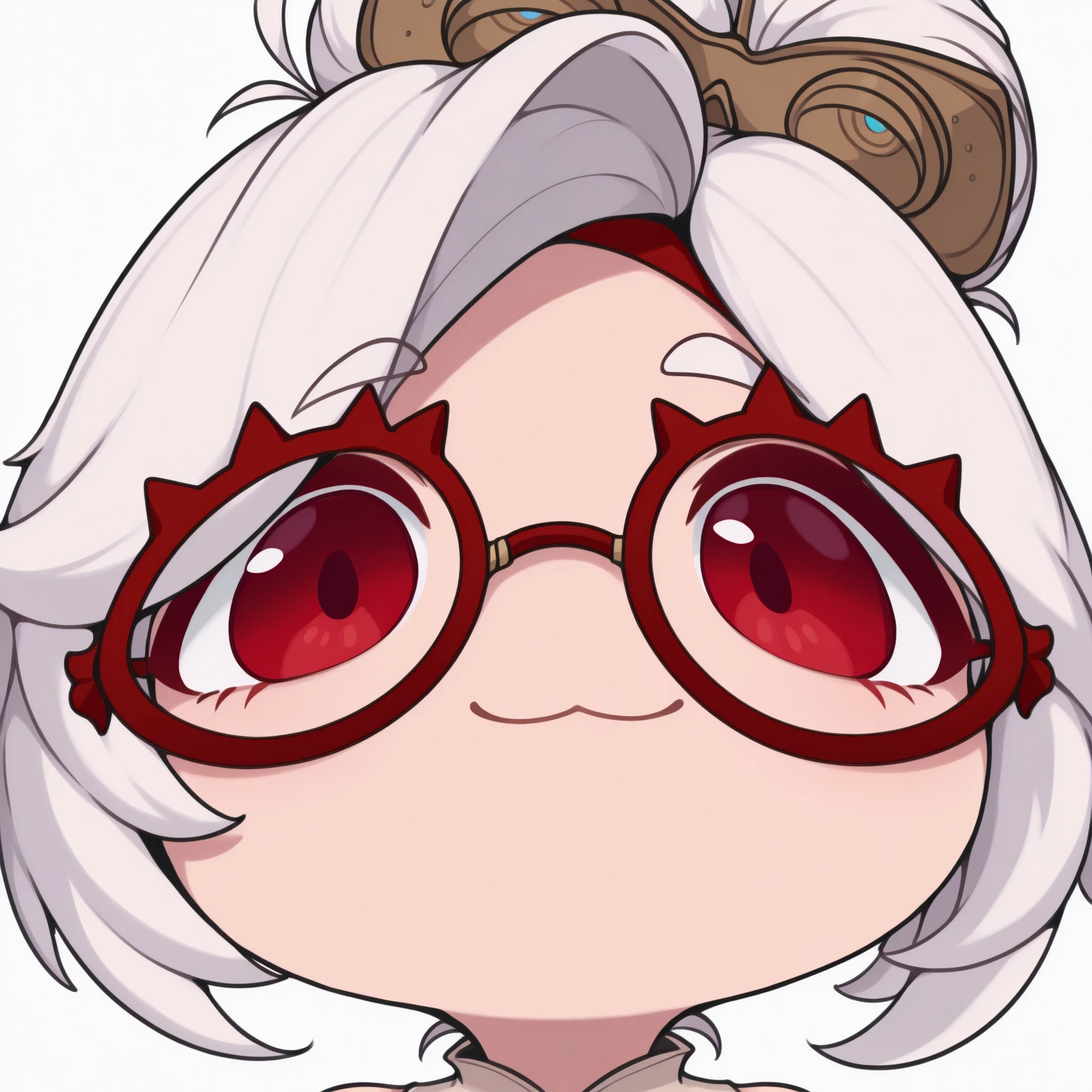 masterpiece, best quality, solo, 1girl, pur4h, mutsukiface, chibi, portrait, close-up, smile, :3, closed mouth, white hair, red eyes, red glasses, hair bun, sleeveless shirt, beige shirt, simple background, white background
<segment:yolo-face_yolov8m.pt,0.4,0.5//cid=1>