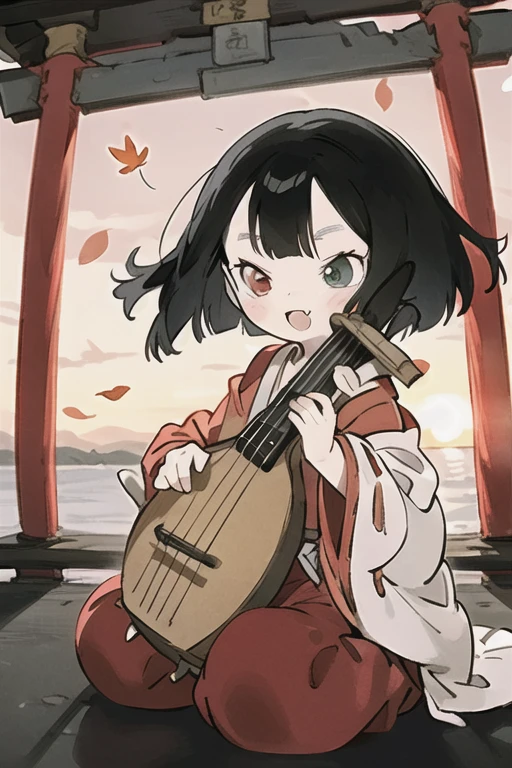 1girl(sitting,playing instrument,holding biwa lute,biwa_plectrum),solo,(masterpiece:1.2, best quality),ultra-high-detailed,ultra-detailed,sense of strength,finely detailed iris,anime,staff,full body,solo focus,medium_shot,
BREAK
<lora:HEIKE-BIWA:0.8>,heike-biwa,short hair,black hair,heterochromia,red kimono,wide sleeves,long sleeves,red pants,tabi,zouri,fang,
BREAK
outdoor,(red_torii on sea horizon),(sunset,twilight,seagull,leaf,wind lift),full face blush,peacefully smile,moody lighting,skindentation,shiny skin,<lora:hyperdetailer_v095:0.3>,<lora:ZaoDaoV1:0.5>,