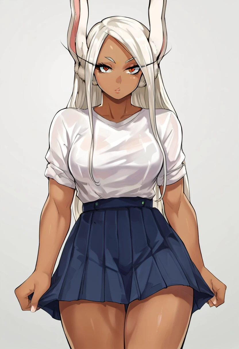 score_9, score_8, score_7, source_anime, gyaru rabbit girl, 1girl, solo, white hair, thighs, looking at viewer, shirt, mirko, skirt, parted bangs, long eyelashes