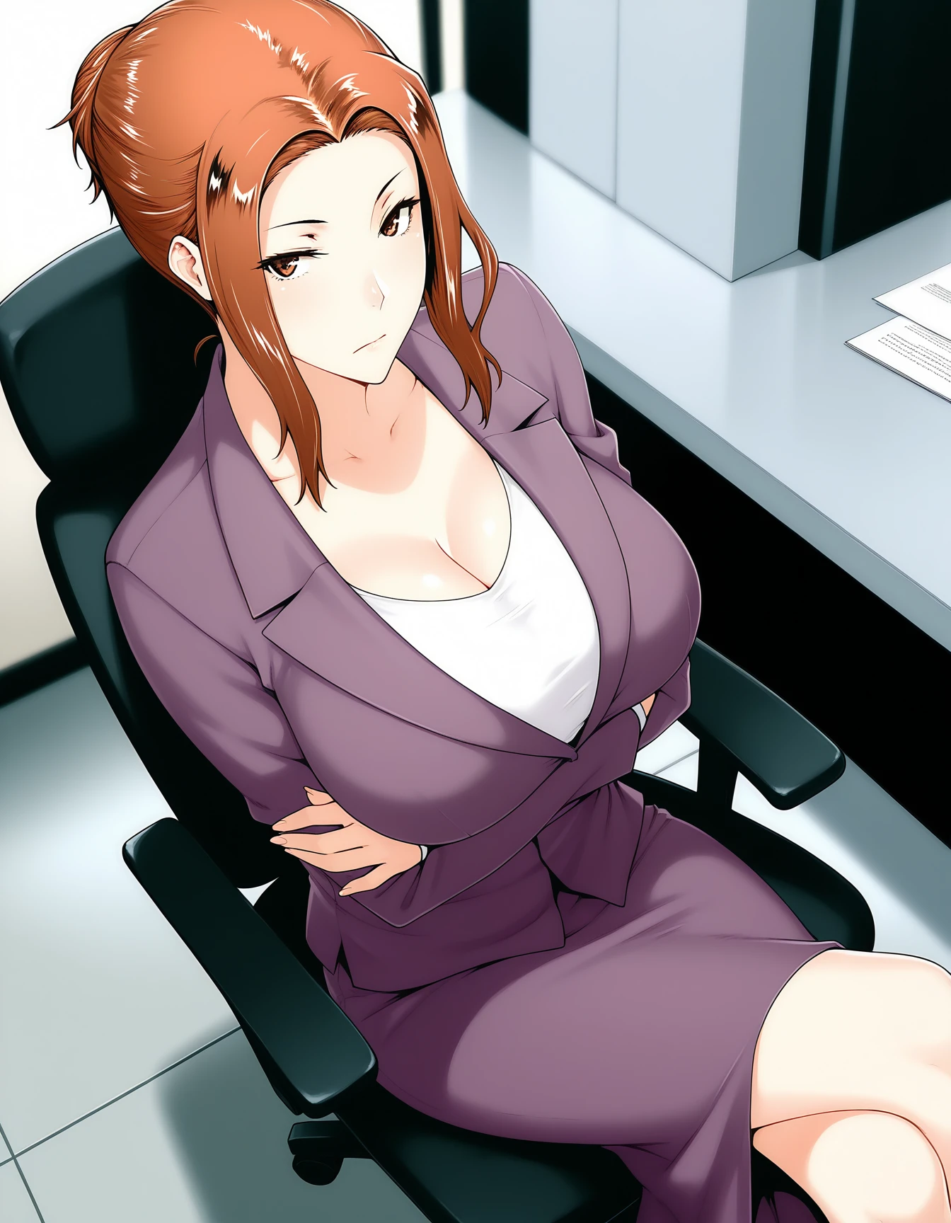 1girl, tachibanakyouka, single hair bun, light frown, looking at viewer, closed mouth, sitting, crossed arms, crossed legs, suit jacket, purple suit, white shirt, scoop neck, cleavage, skirt suit, long skirt, office lady, breast focus, dynamic angle, (from above:0.1), three quarter view, solo, perspective, volumetric lighting, indoors, office, office chair, desk, floor, blurry background, general,
masterpiece, best quality, amazing quality, absurdres  <lora:Tachibanasan_Illustrious01_v1-000032:0.95>,