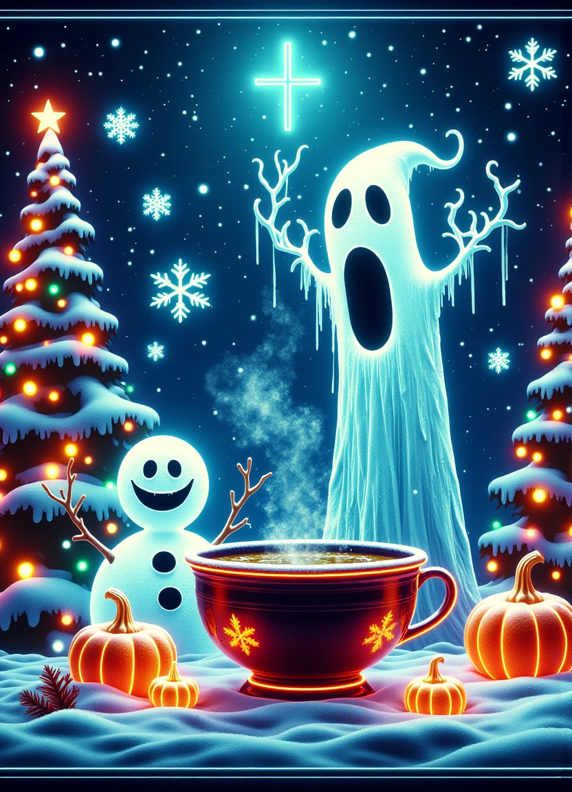 A whimsical winter wonderland scene with DonM30nchr1stgh0stsfx style, featuring the ghost of Christmas Past alongside Frosty the Snowman enjoying pumpkin soup together in a cozy atmosphere filled with joy and laughter, surrounded by harmonious and unified festival lights that evoke nostalgic and reminiscent feelings, set against a backdrop of volunteering and giving back to the community.