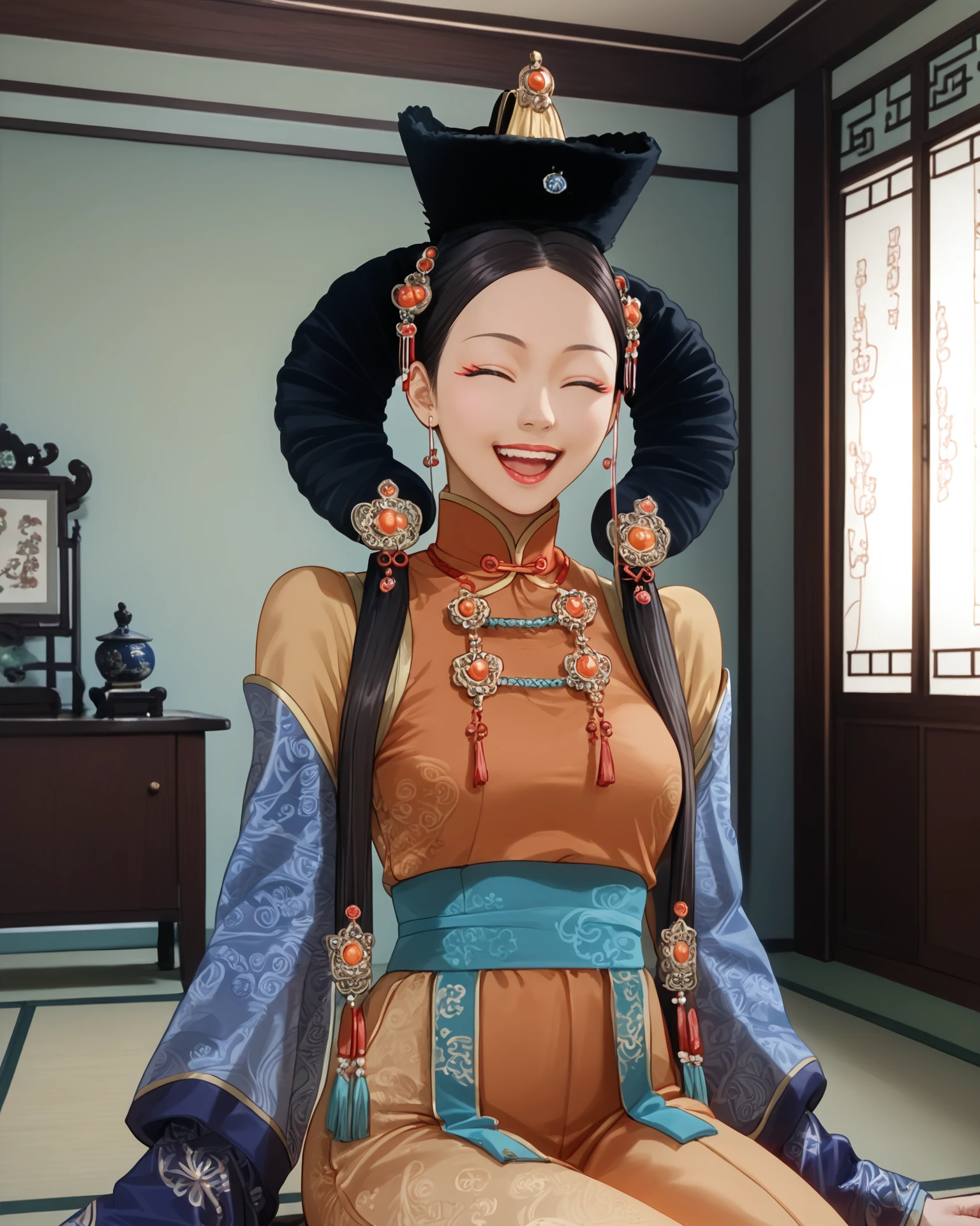 1girl, monfa, waist-up, happy, asian room interior, anicient chinese sitting room, masterpiece, highest quality, absurdres, digital art, very detailed, score_9, score_8_up, score_7_up, <lora:MongolianFashion_XL:1.1>,  <lora:[pony]Sunagawa Tara:1> sunagawa tara