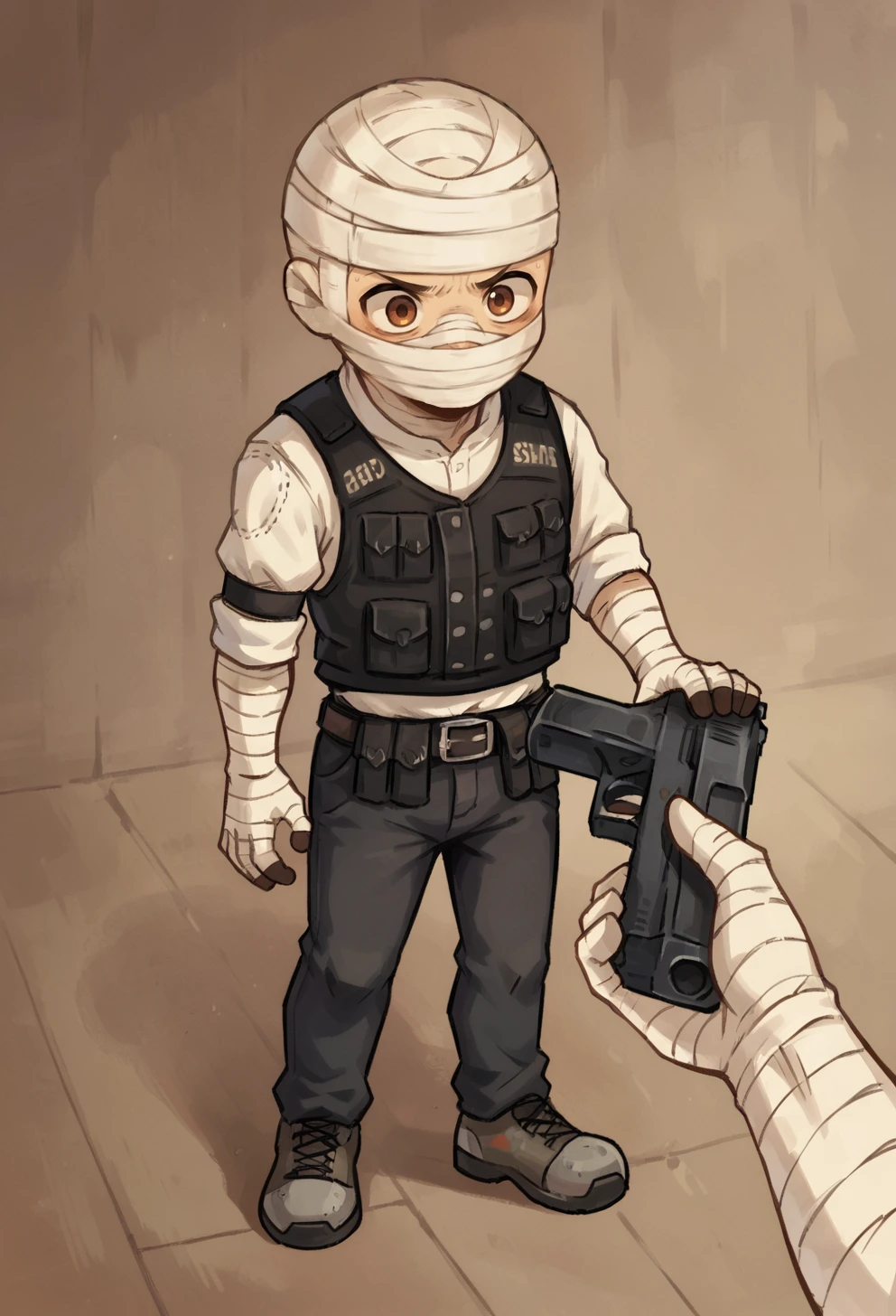 score_9, score_8_up, score_7_up, 1boy, solo,
ss-J0shGrm, bandages, bandage headwrap, bandaged hands, burned face, bulletproof vest, white shirt, pants, english text, belt, skinny, slim, snakeskin shoes,
chibi,
<lora:Joshua_Graham_OutfitCharacter_-_Fallout_New_Vegas:0.8>,   <lora:go_do_a_crime:0.6> Go do a crime, holding gun,