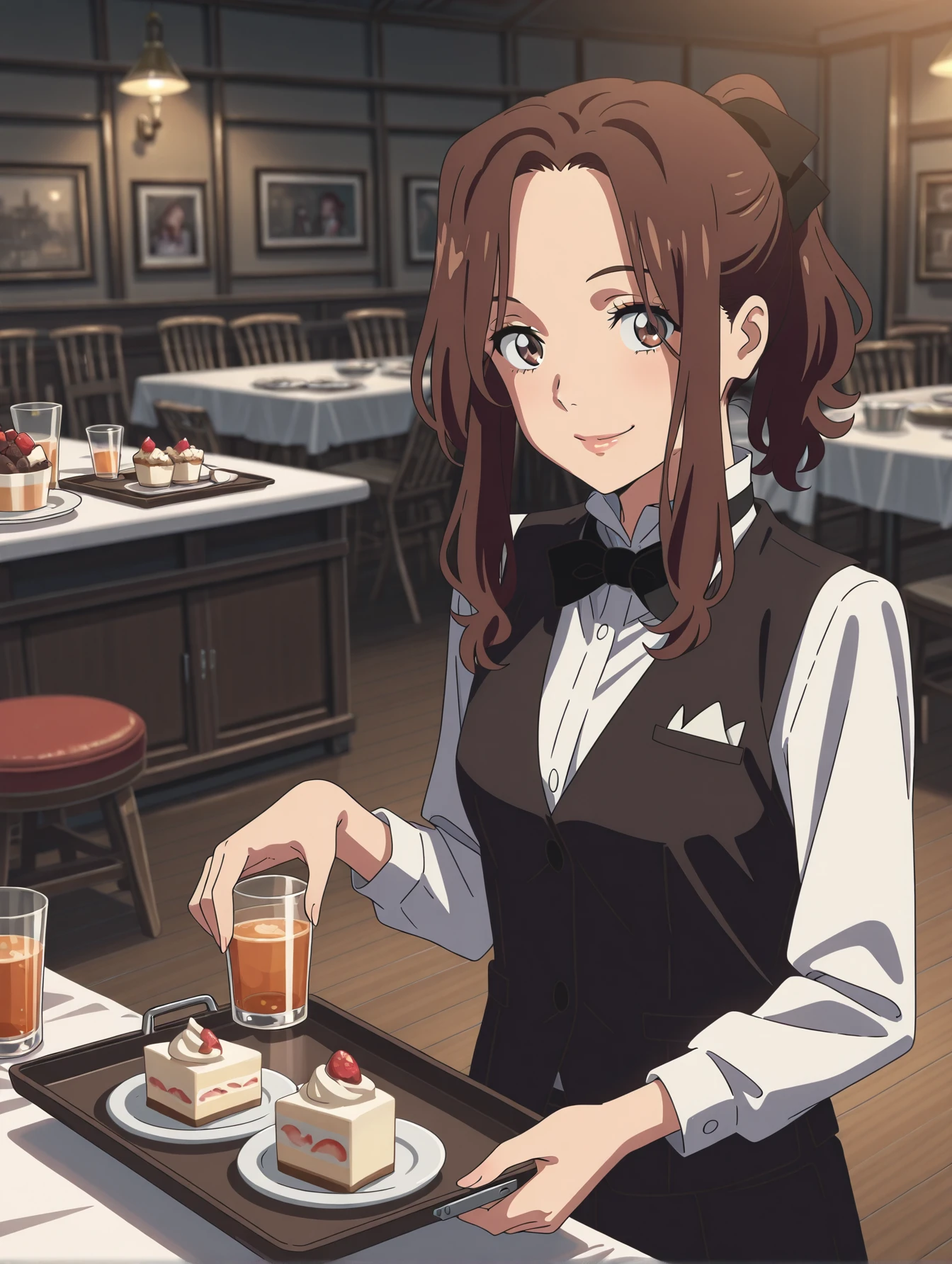 1girl, solo <lora:your-name-illustrious-000010:1> okudera, ponytail, white shirt, bow, vest, long sleeves, tray, serving cart, drinking glass, dessert, dining room, looking at viewer, smile
masterpiece, best quality, cinematic lighting