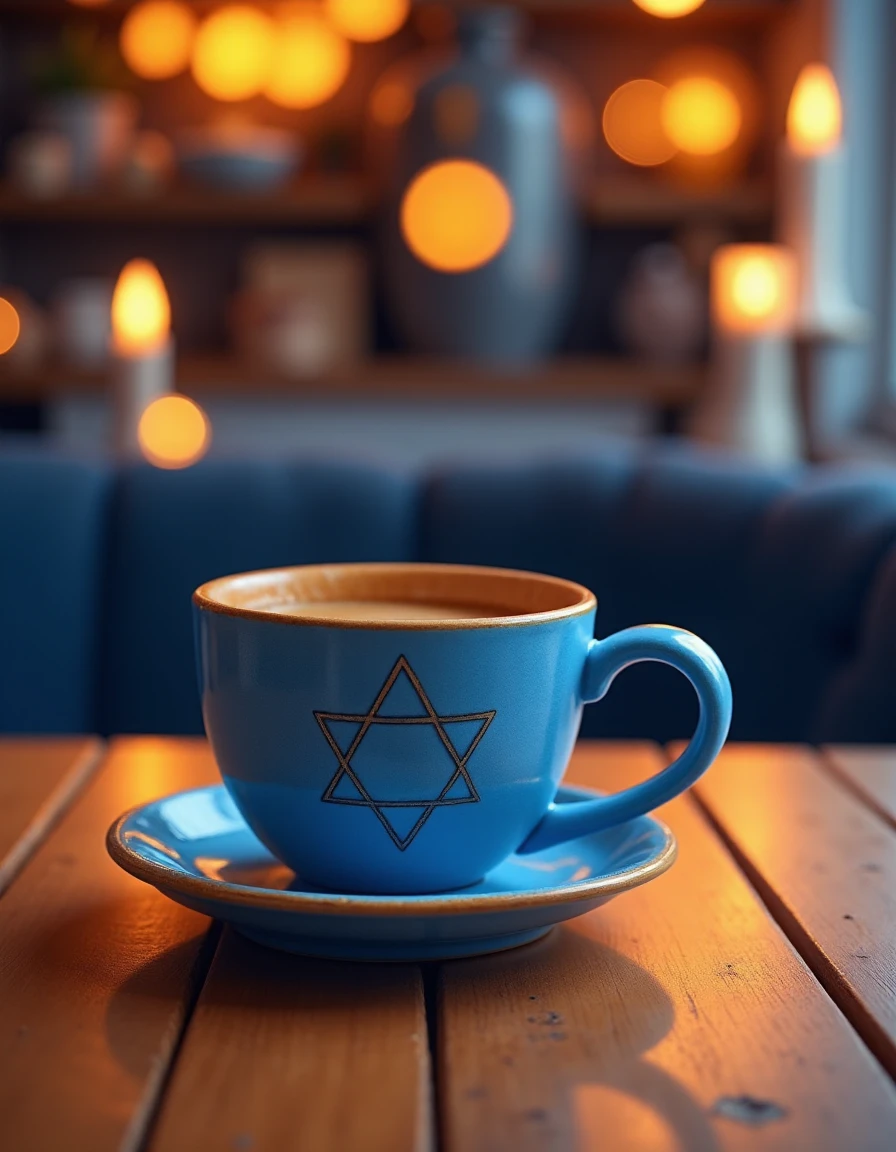 <lora:hanukkahcolors:1> hanukkahcolors, coffee cup on a wooden table