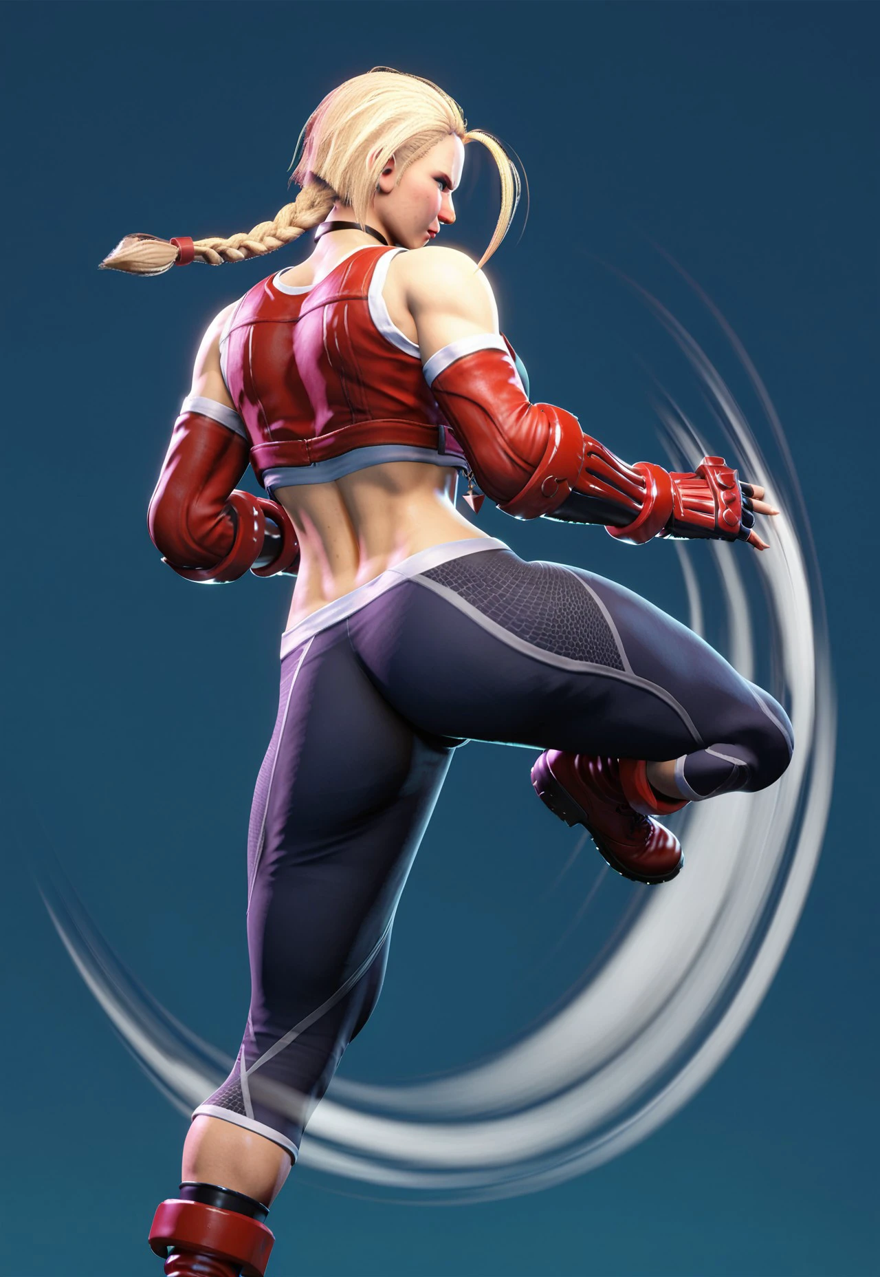 score_9, score_8, score_7, cammy white, 3d, braid, pendant, choker, muscular female, pants, nose, black choker, motion blur, flying kick, from behind, back