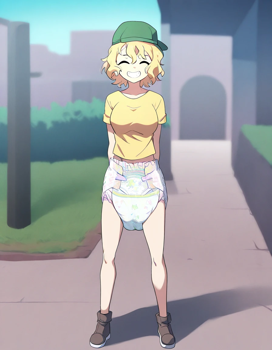 masterpiece, best quality, newest, absurdres, highres, 1girl, (diaper:1.2), (cato monocatienus:0.9), re-ghotion, facing viewer, full-body, yellow shirt, breasts, green hat, short hair, blonde hair, wavy hair, grin, hands behind back, outside, sunny day