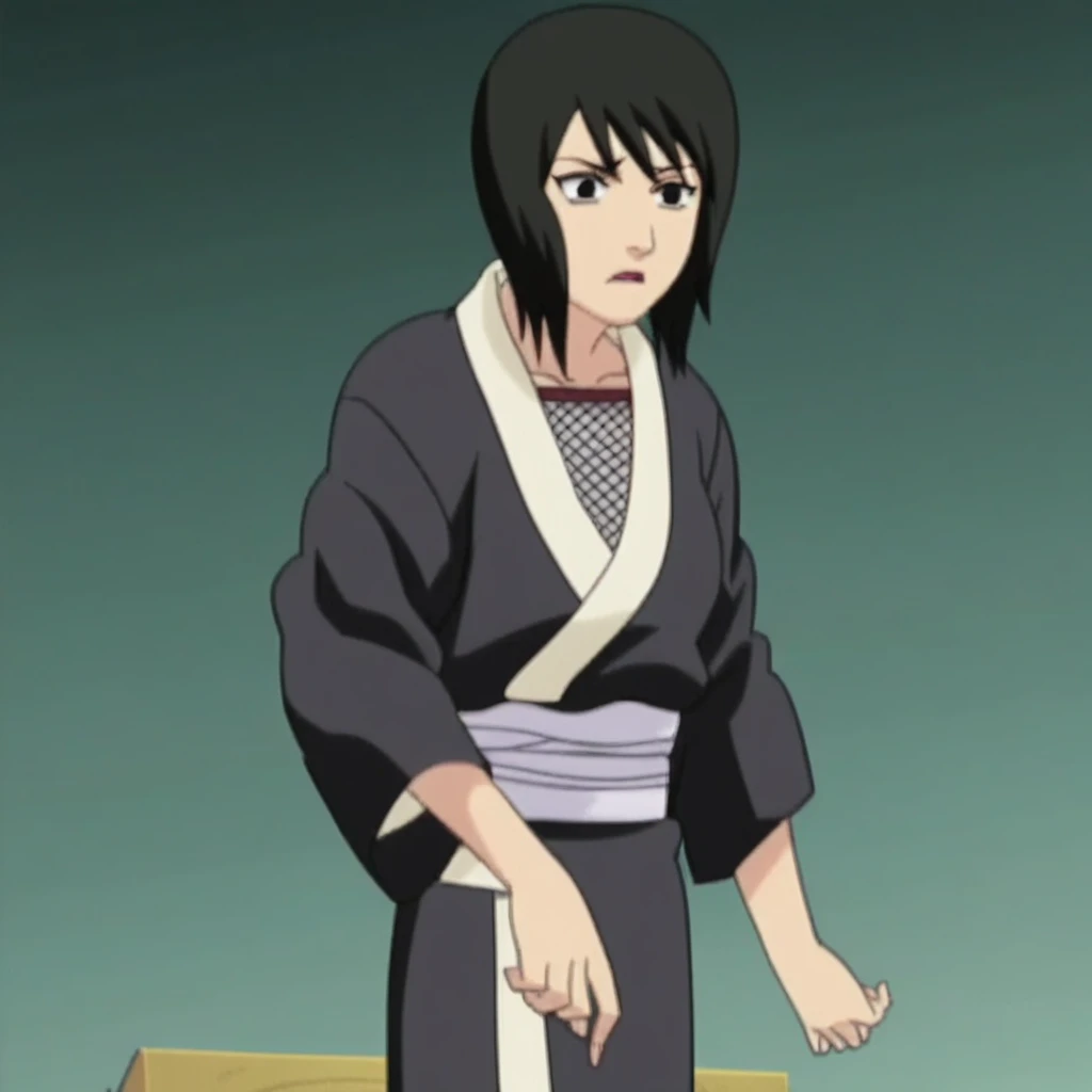 shizunescreencap, shizune, 1girl, black hair, short hair, black eyes, black kimono, fishnet top, white obi,