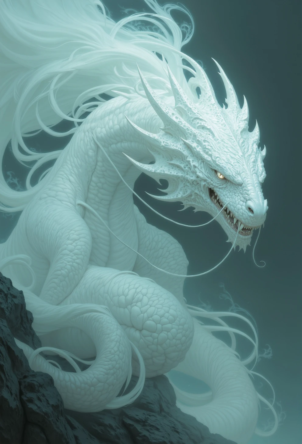 <lora:ck-painterly-fantasy-000017:0.9>, High fantasy digital painting, wisps of smoke coleace to form a magnificent eastern dragon made_of_smoke, translucent, ethereal, ghostly