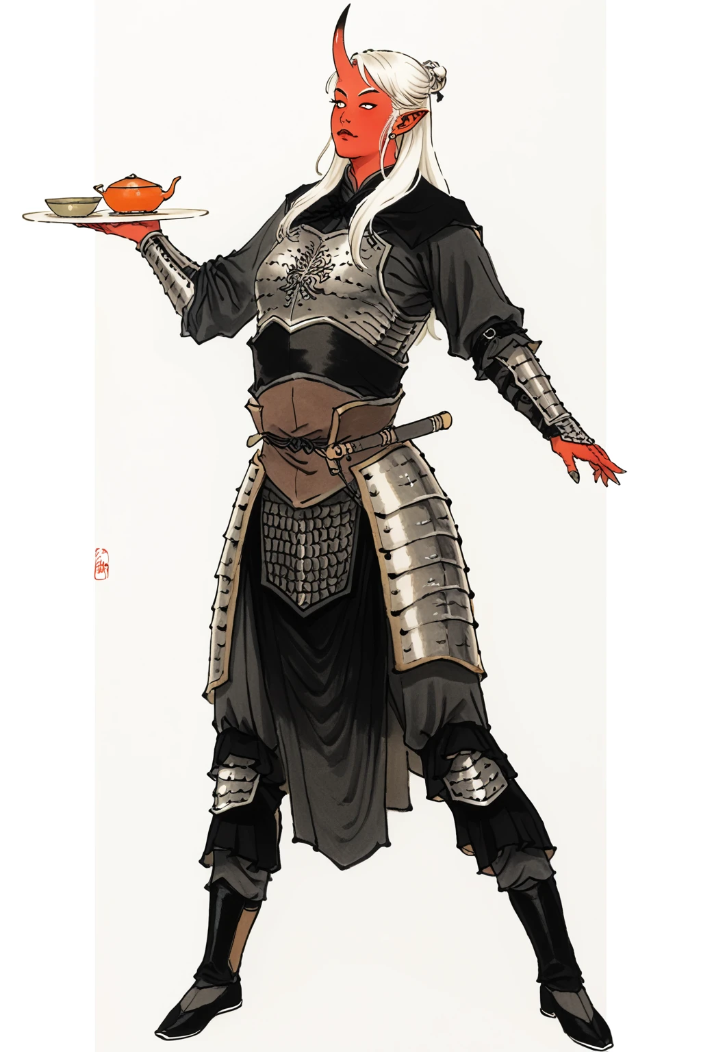 full-body medieval fantasy character of a female Tiefling woman with striking red skin and distinct, demonic features, 

simple background, white background,

colored skin, oni,   

She has long, white hair, side swept bangs, sidelocks, Slender and elegant,
and two prominent, curved horns protruding from her forehead, 
Her eyes are a vivid, glowing orange, adding a supernatural element to her appearance. 
Her ears are elongated and pointed, characteristic of a demon,

She is a tiefling fighter warrior knight wearing plate armor,

her armor is a mix of metallic gray and black, with intricate patterns and 
 engravings, suggesting a high level of craftsmanship,
The armor covers her torso, arms, and legs, with a prominent breastplate and pauldrons,  
her hands are gloved in black leather, 
A suit of plate armor includes gauntlets, heavy leather boots, back armor, and thick layers of padding underneath the armor, Buckles and straps distribute the weight over the body,
and black fur-trimmed leggings trouses pants and tunic vest arming garment under mail armor,
ensuring the focus remains on the warrior, 
The overall aesthetic is medieval fantasy, 

traditional Chinese ink painting drawing, 

The style of the painting is classic Chinese ink wash, characterized by its delicate use of shading and fine lines to create depth and texture. 
