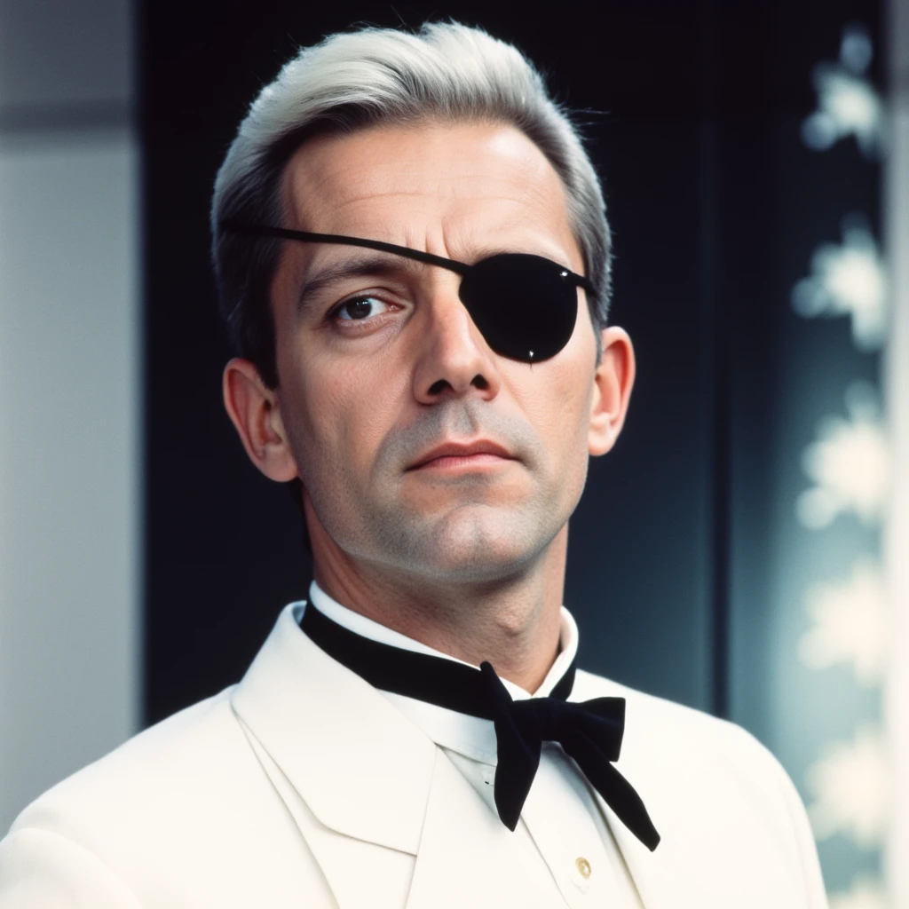 cinematic film still of  <lora:007 film style v1:0.9>
Emilio Largo Adolfo Celi a man in a white suit and black eye patch, solo, looking at viewer, shirt, 1boy, bow, closed mouth, white shirt, white hair, male focus, collared shirt, bowtie, black bow, eyepatch, portrait, black bowtie, realistic, manly, dramatic light, dramatic shadow light, contrast, cinematic color, cinematic look, filmic, realistic, realism, perfection, perfect, Kodak, Kodak film, movie still, spy film, action themed, espionage, James Bond style, James Bond film style, 007 style, 007 film style, old
, shallow depth of field, vignette, highly detailed, high budget, bokeh, cinemascope, moody, epic, gorgeous, film grain, grainy