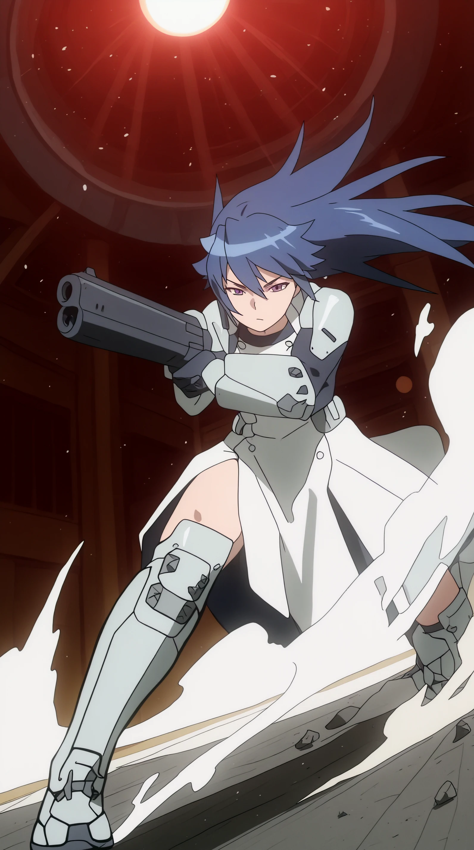 masterpiece, best quality, indoors, cinematic lighting, lens flare, flying debris, dust, smoke, amazing quality, very aesthetic, absurdres, best quality, newest, year 2023, Sayo Hitsugi, Main Outfit solo, expressionless, aiming tactical shotgun, full body, dynamic pose, aiming, fire, badass, <lora:JN_Sayo_Hitsugi_Illus:0.8>