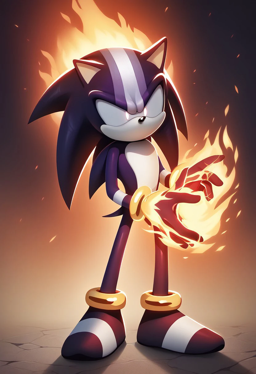 score_9, score_8_up, score_7_up, (best quality:1.1), ultra-detailed, high resolution, 8k, Darkspine Sonic, purple skin, white stripes on head, white sclera, no pupils, blank white eyes, no mouth, black nose,  gold ring bracelets, Fire, flame aura, burning fists, BREAK outside, Rich, Detailed background, ambient light