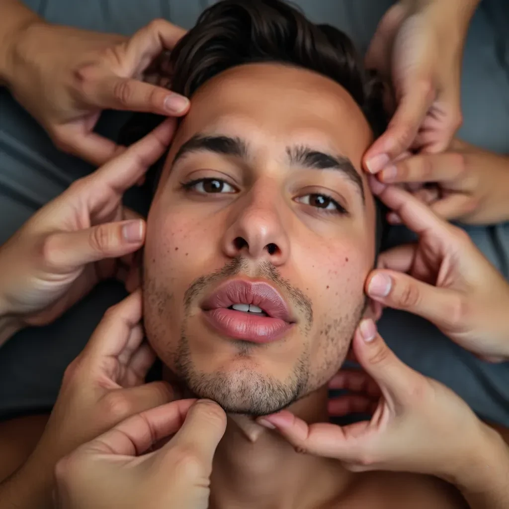 pov boring old snapchat photo, a man, a bunch of hands from the corners of the screen are touching his head, grabbing lips, brows and cheeks pinching, good 