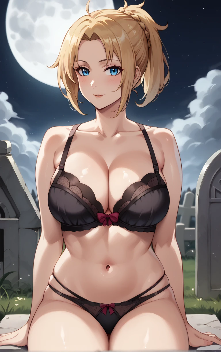 score_9, score_8_up, score_7_up, BREAK
Lingerie_ZenithGreyrat_ownwaifu, 
1girl, large breasts, underwear only, black bra, black panties, blue eyes, cleavage, blonde hair, navel, ponytail, collarbone,  braid, parted bangs, medium hair, hair pulled back, sidelocks, short ponytail, lingerie
(sitting, full moon), graveyard, grave, tombstone, moonlight, <lora:PONYXL_MushokuTensei_ZenithGreyrat_ownwaifu:0.8> , depth of field, solo,