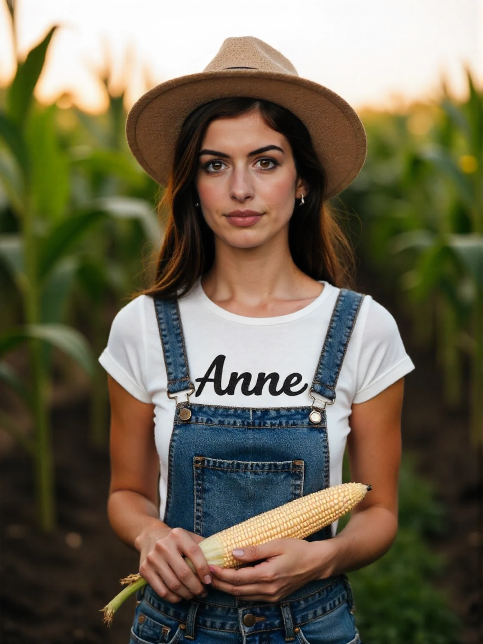 <lora:Anne_Hathaway_2010:1> woman <lora:zz_s_Vintage_T_Shirt:1> cut off vintage t-shirt with the text "Anne", extreme close-up, zoomed, focus on face, centered, macro shot, face centered, focus on eyes, looking directly at the viewer, looking directly at the camera, making eye contact, looking straight ahead, modest clothes, modest apparel, chest covered, modesty <lora:zz_s_Chest_Size_Slider:-2>, a farmer, standing in a row of tall corn, she wears denim overalls, a straw hat, she is holding an unpealed ear of corn in her hand, golden hour, lighting effects <lora:zz_s_Stylish_Lighting:0.5>